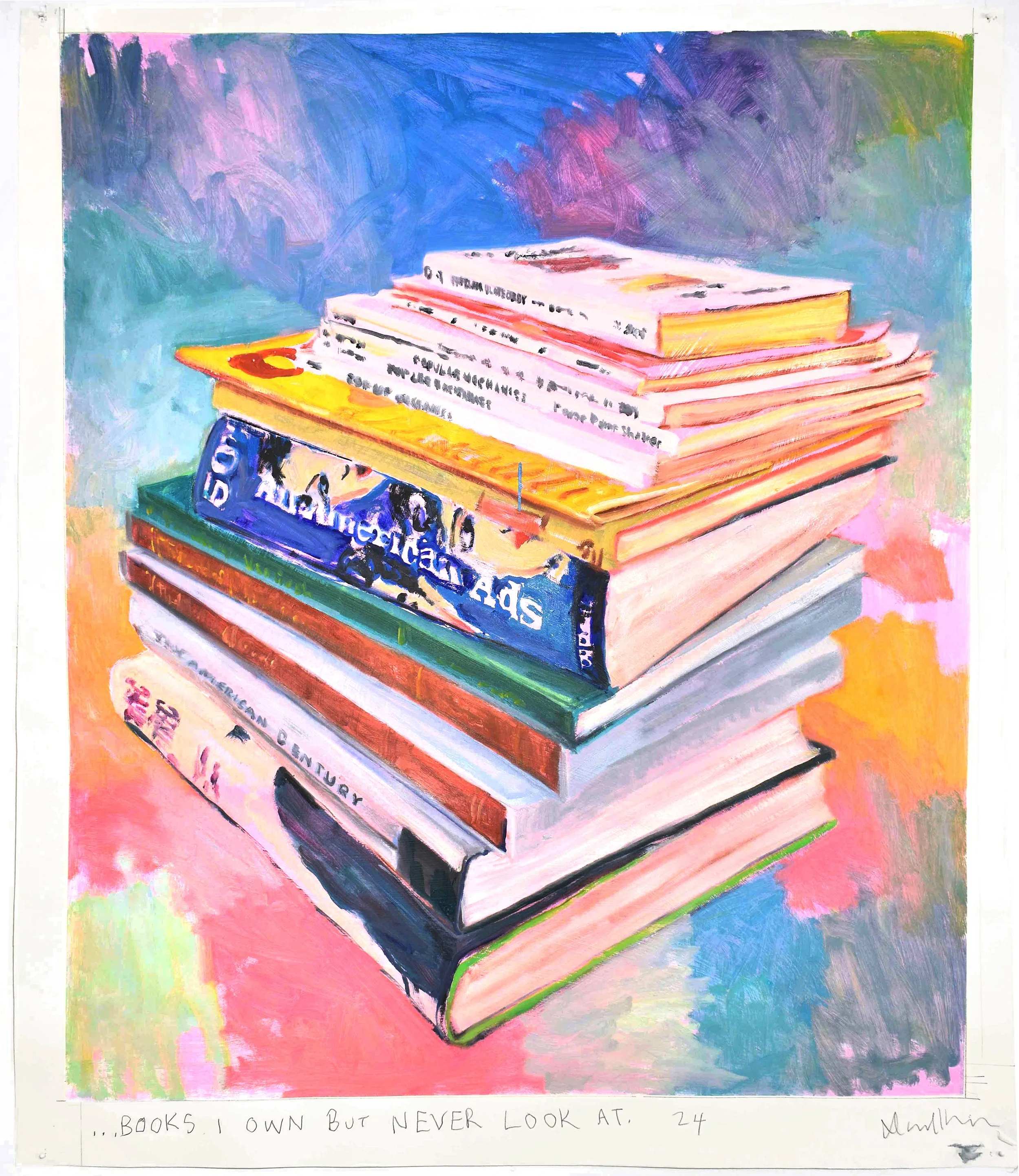  Books I Own, 2024, oil, enamel, and acrylic on primed paper, 36 x 31.5 inches 