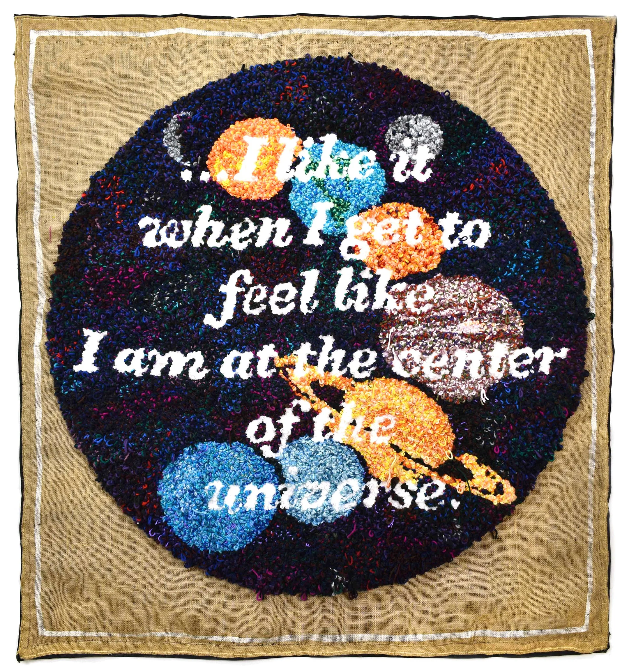  Cameo Appearance (Center of the Universe), 2025, yarn, marker, burlap, muslin, acrylic paint and thread, 62.5 x 57 inches 