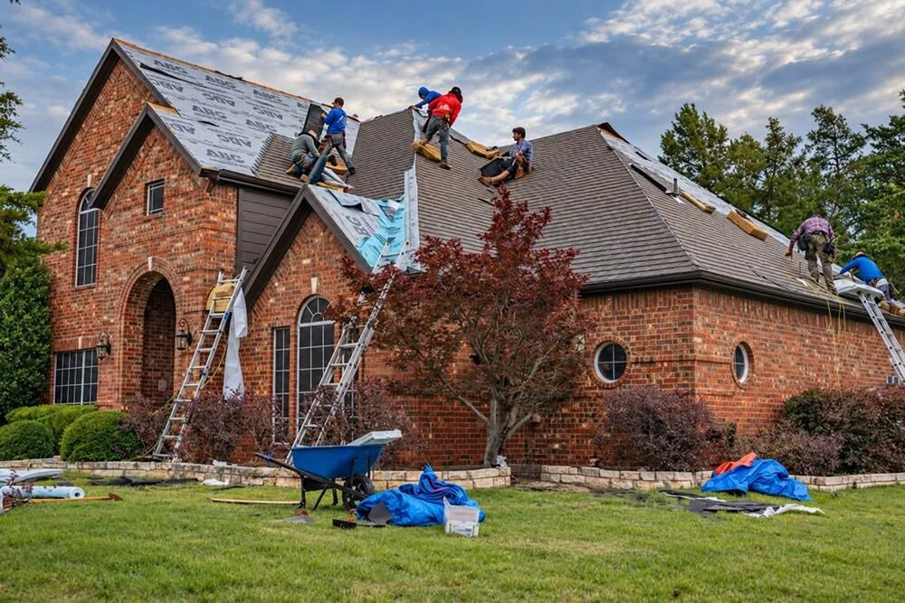 Roofing crew installing shingles on a residential brick home in Fort Worth, Texas