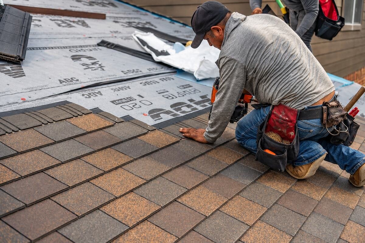Professional roofer installing asphalt shingles on a residential roof in Fort Worth, Texas