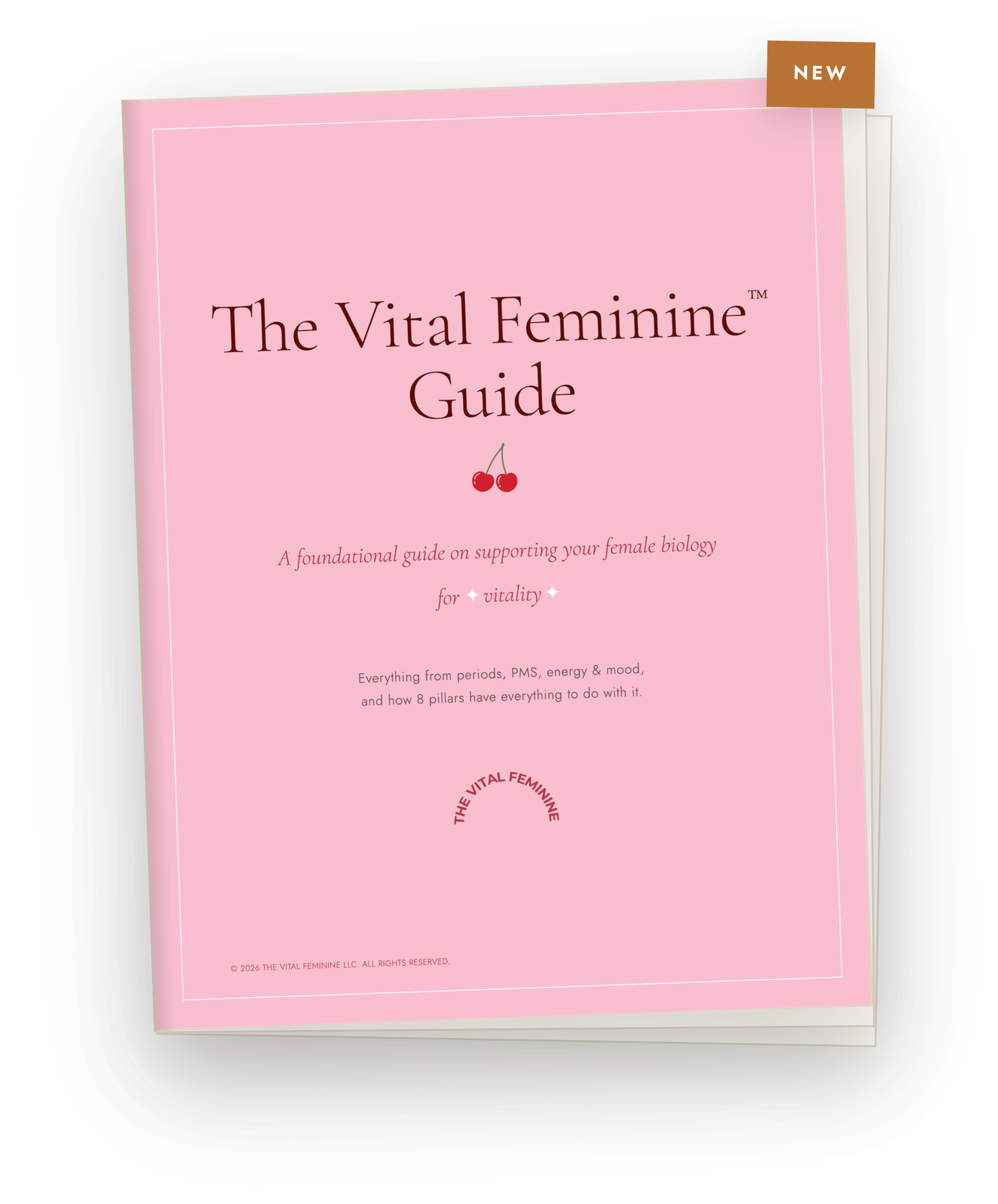 The Vital Feminine Guide cover in pink with a cherry illustration, with pages stacked behind it