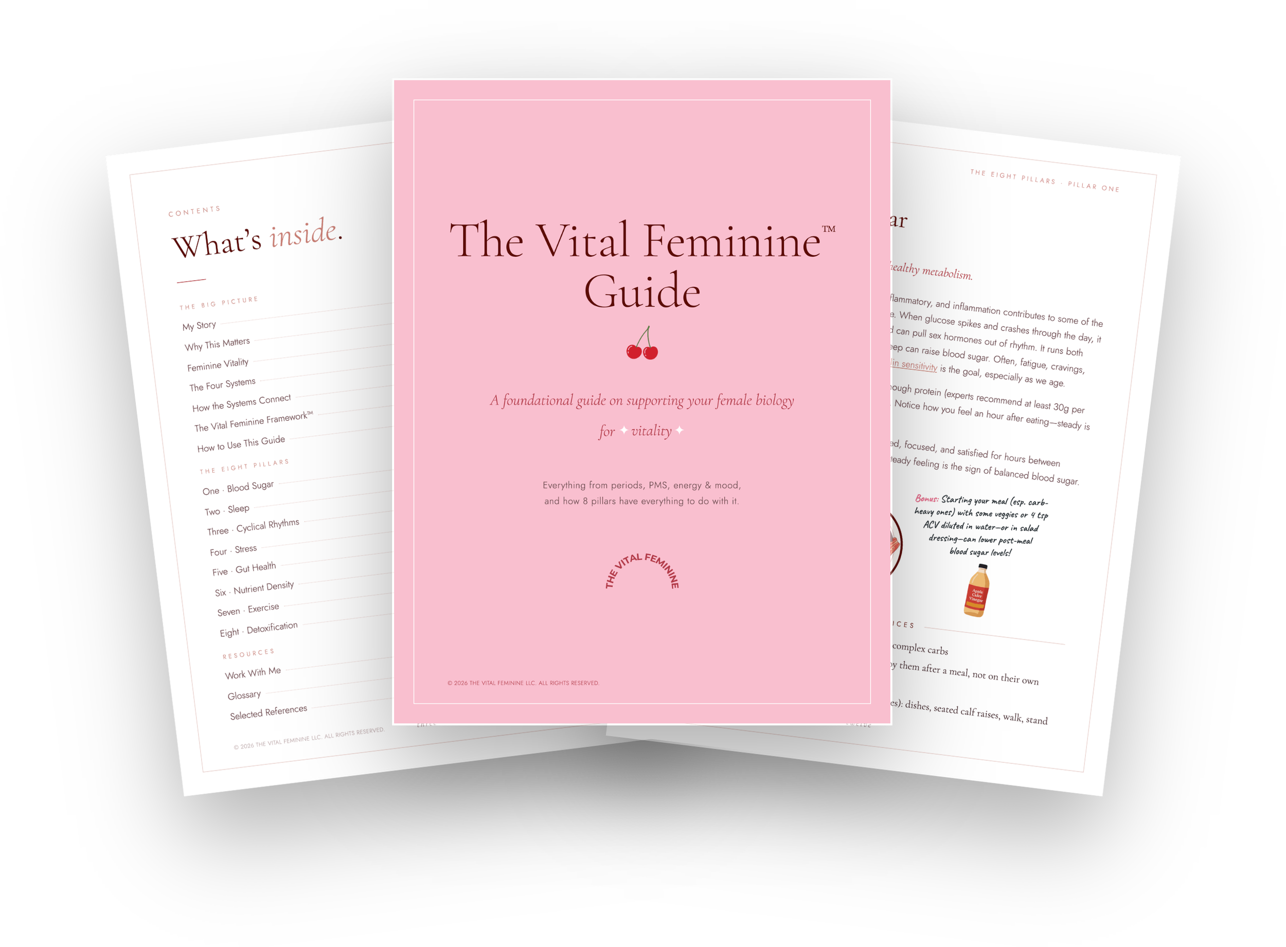 Three pages from The Vital Feminine Guide fanned out: the table of contents, the pink cover, and Pillar One: Blood Sugar