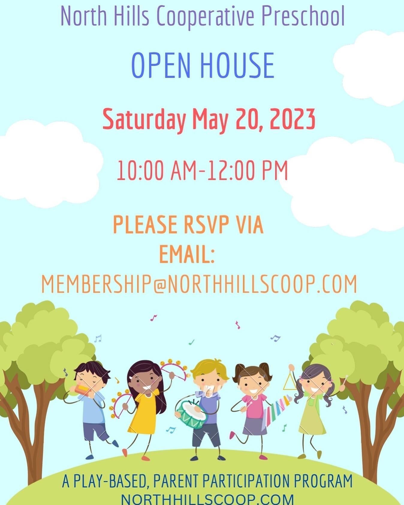 Looking for preschool? Join us May 20th for an open house at North Hills Co Op!! 10-12am  please rsvp for a spot email us membership@northhillscoop.com
