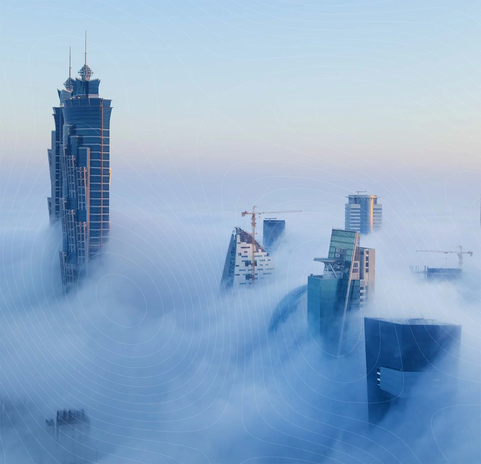 A photo of a city skyline in the clouds.