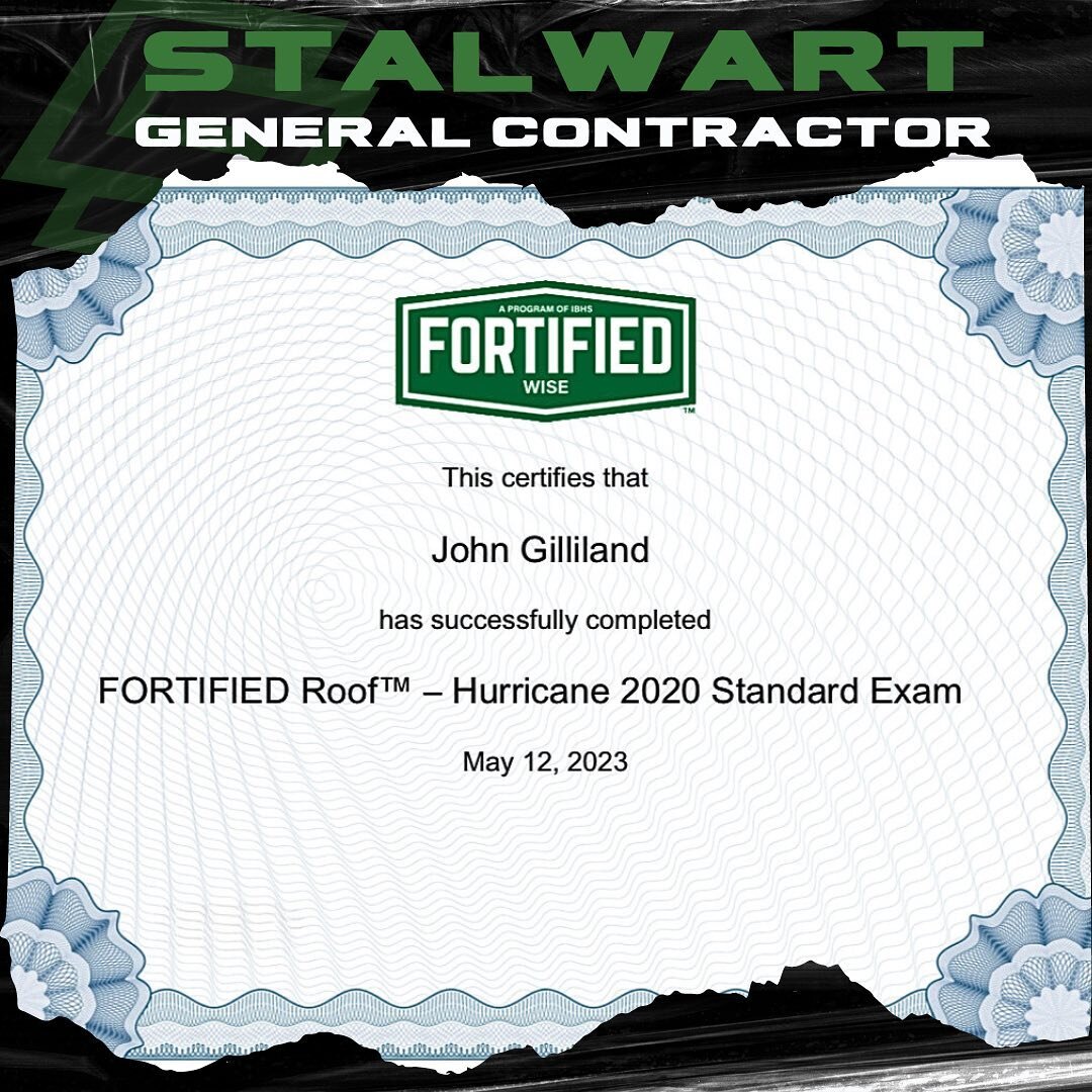 👏🏼 Stalwart GC is proud to share that we are now able to provide even stronger &amp; safer roofing systems for your home as a FORTIFIED Roofing Professional.  FORTIFIED is a nationally recognized building method based on more than 20 years of scien
