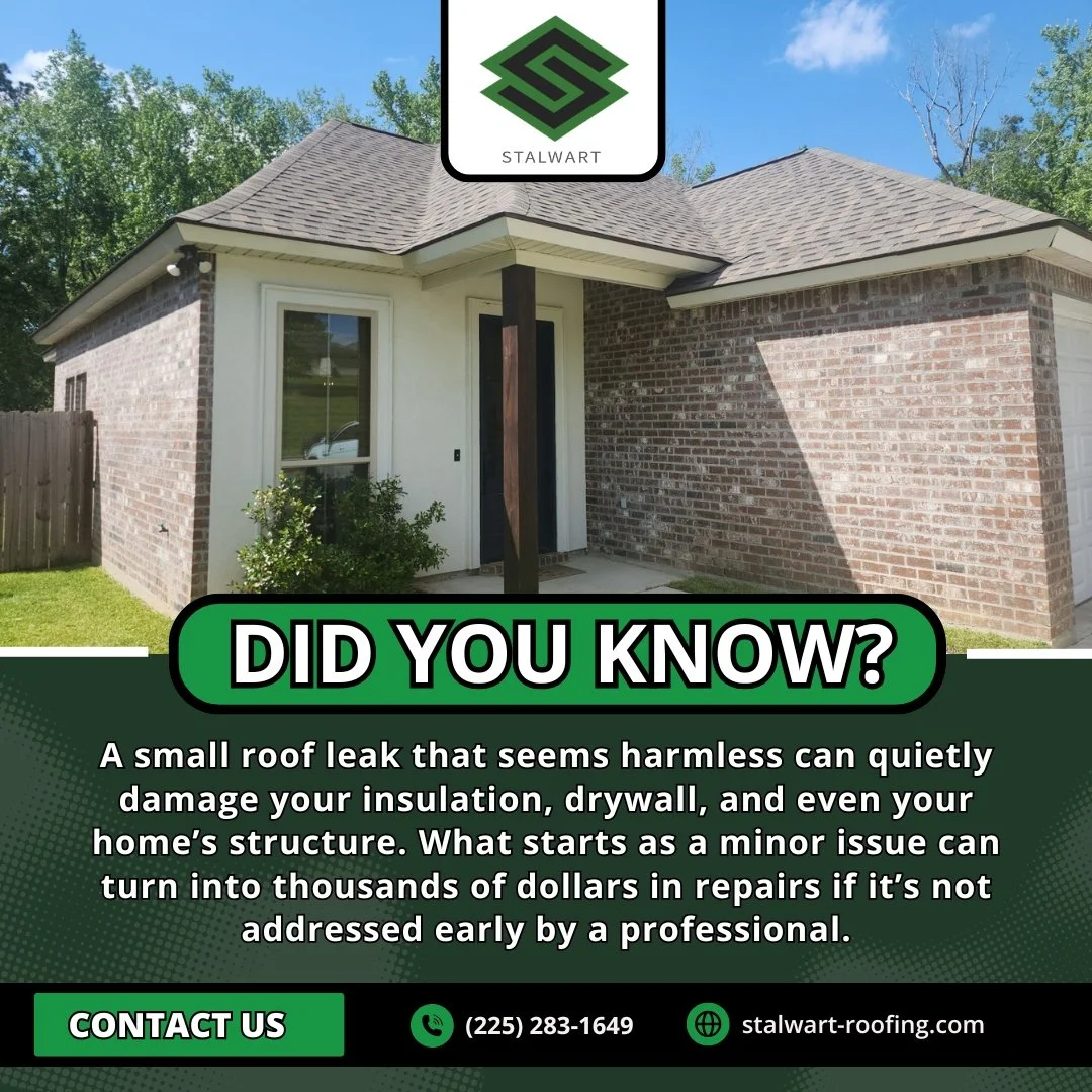 🏠💧 Did You Know Small Roof Leaks Can Cause Big Damage?

What starts as a tiny leak can quietly damage your insulation, drywall, and even your home&rsquo;s structure. Left unchecked, small issues can turn into expensive repairs.

At Stalwart Roofing