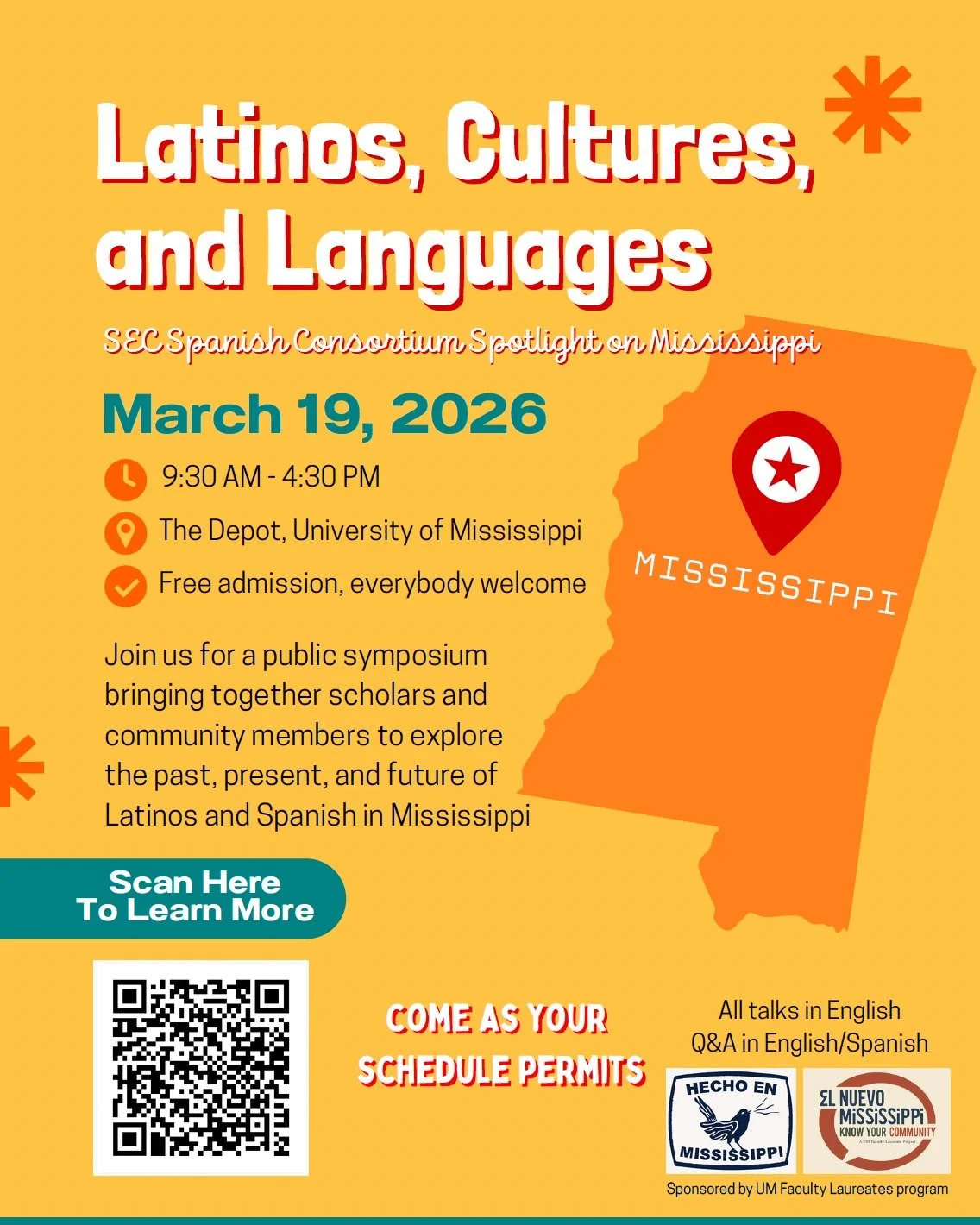 Please join us for a public symposium bringing together scholars and community members to explore the past, present, and future of Latinos and Spanish in Mississippi. 

Over the past three decades, Mississippi has emerged as a new destination for Lat