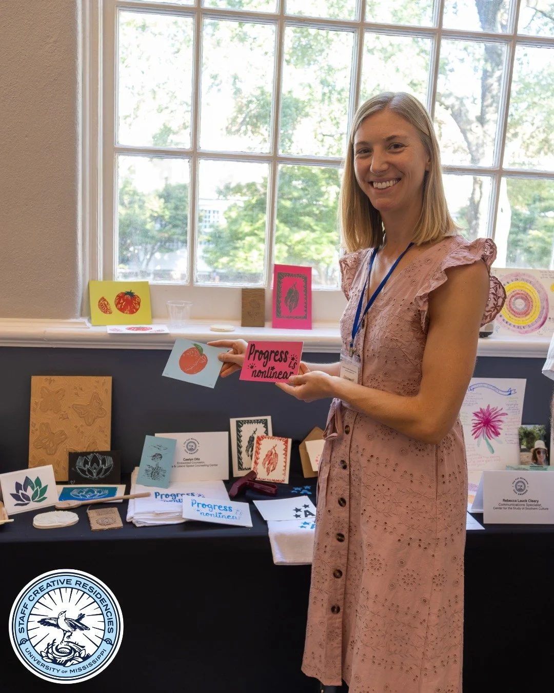 Presenting Staff Creative Residencies 2025 awardee Caelyn M. Ditz, Embedded Counselor in the Counseling Center. 

With the help of the Staff Creative Residencies program, Caelyn worked in exploratory block and screen printing on paper and fabric.

&l