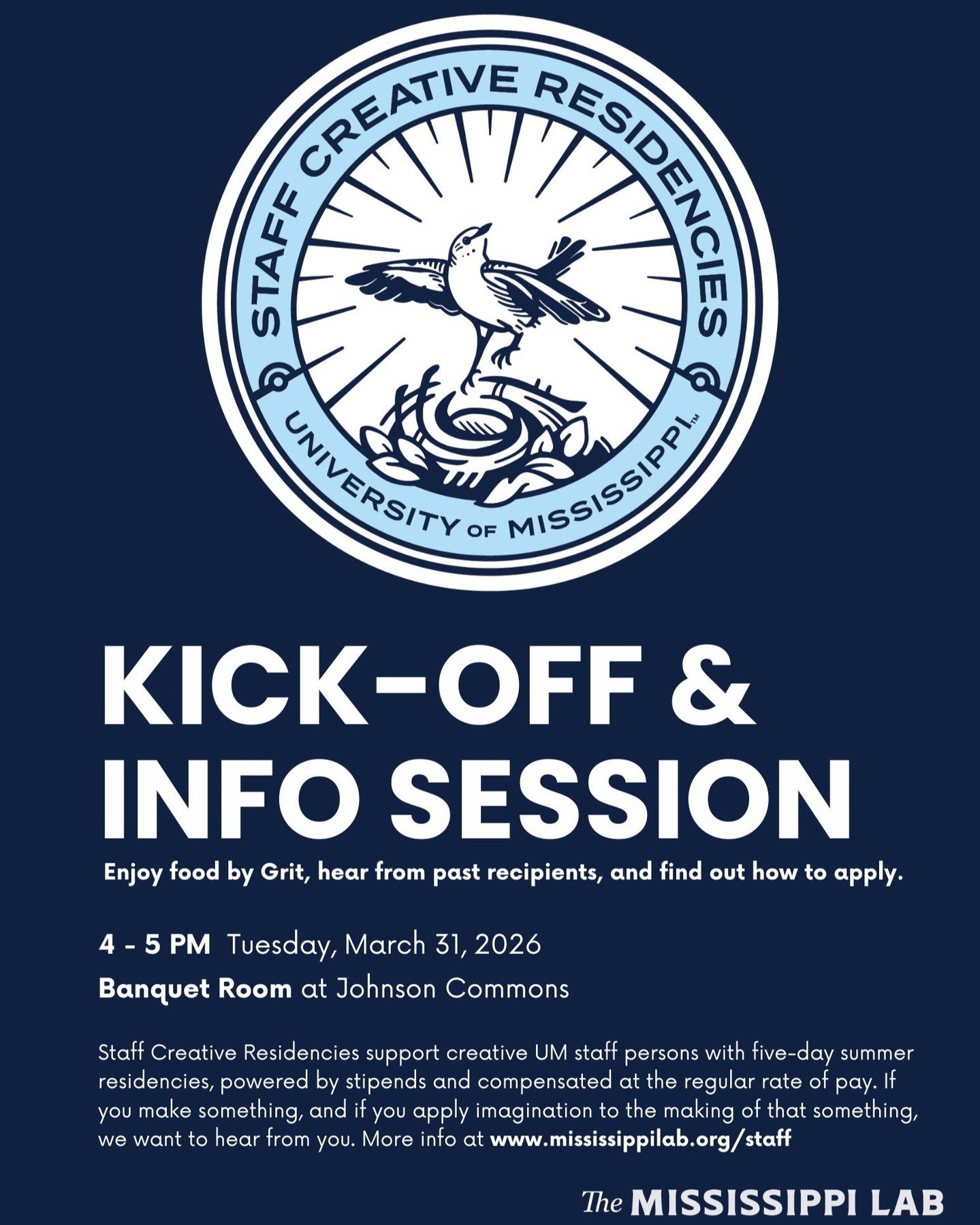 Staff Creative Residencies Kick-Off happens in one hour, and we hope to see you there! 

Can't make the kick-off? Visit the Mississippi Lab's website to learn more about the program and, if you're a UM staff person, how to apply. 

Link in Bio

#staf