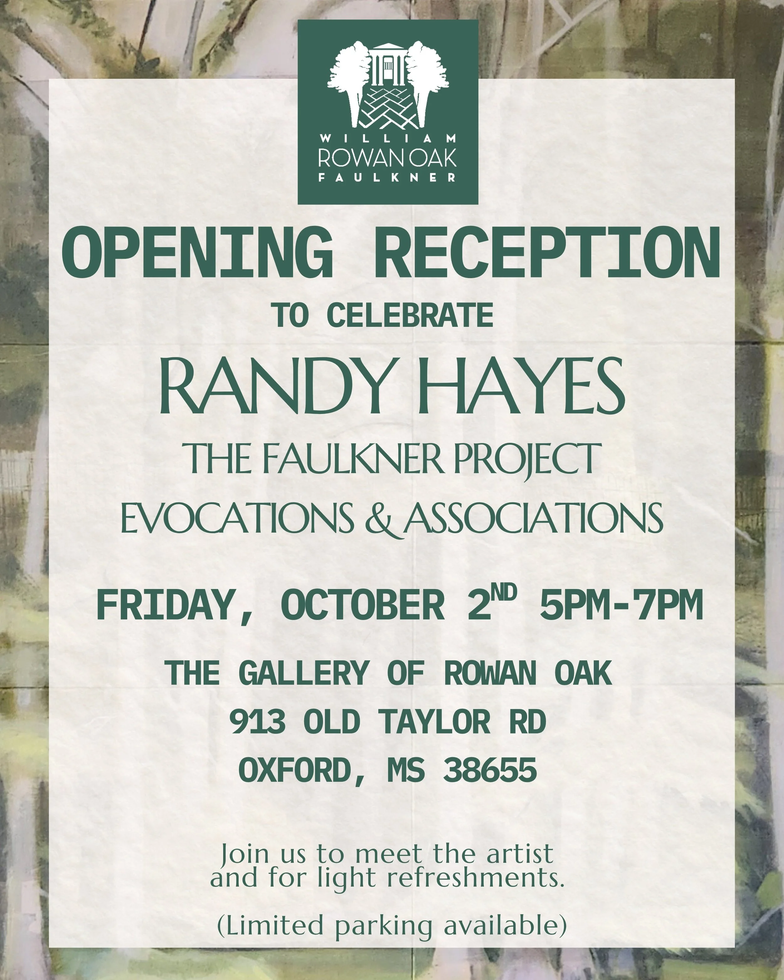 Join Randy Hayes at the Gallery of @rowanoakofficial this Friday, October 2, from 5 to 7 p.m. to celebrate The Faulkner Project: Evocations and Associations.

This free event is open to the public; limited parking is available (913 Old Taylor Road).