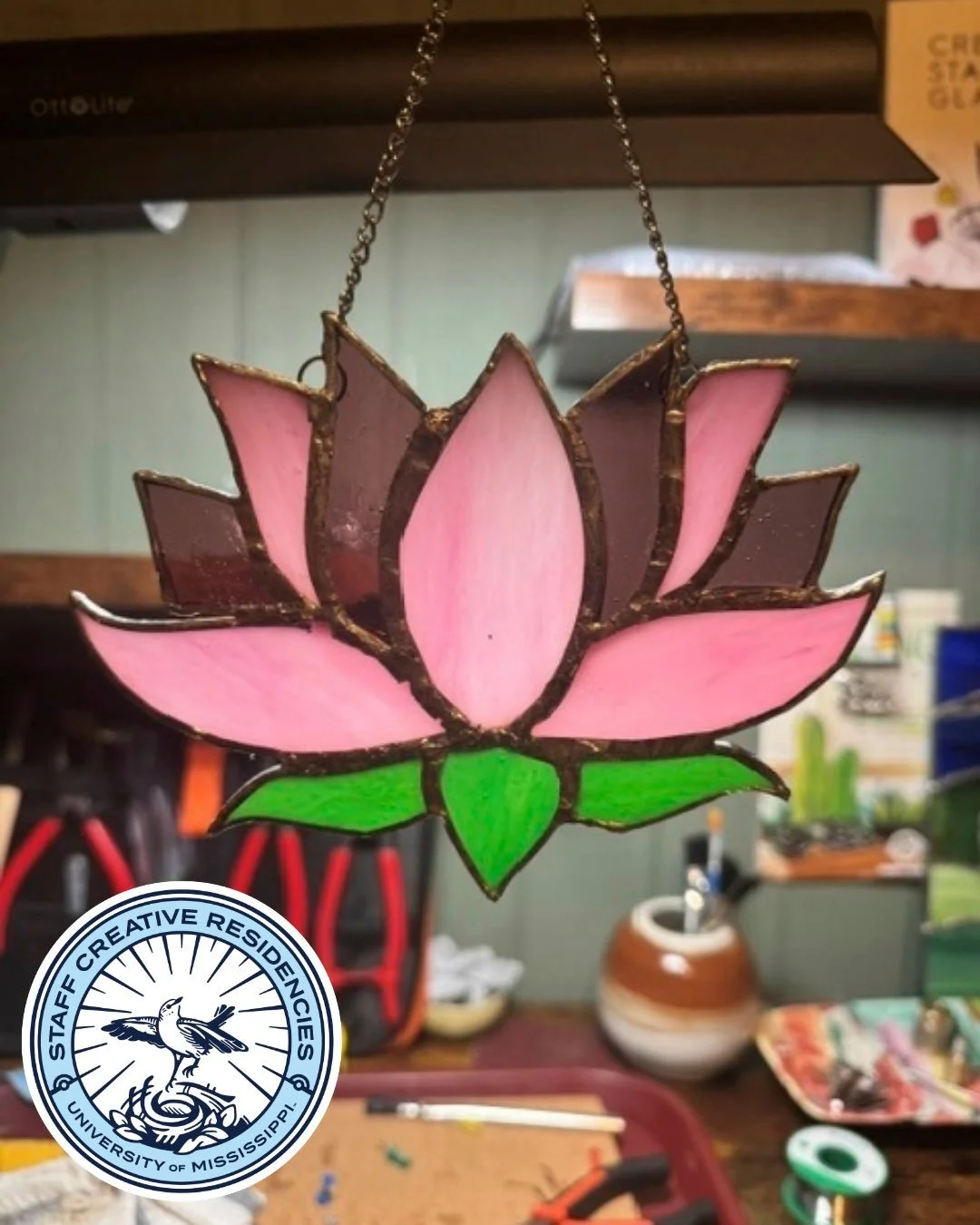 Lavena Wilkes is Nurse Practitioner Manager at the University of Mississippi Counseling Center. For her Staff Creative Residency, Lavena learned how to make stained glass. The Lotus featured here was also her first project. 

With these skills, Laven