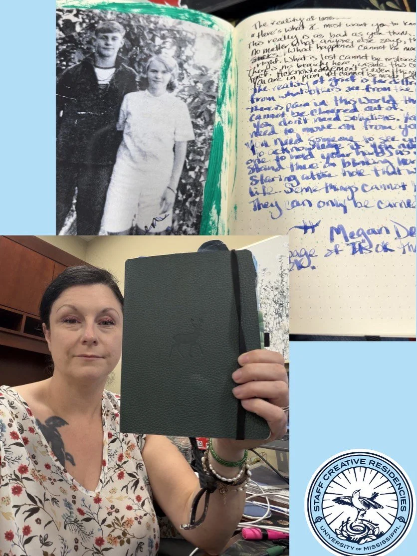 Allison Saye is an administrative assistant for the Department of Facilities Management 
at the University of Mississippi. Allison used her Staff Creative Residency as a tool for her mourning process. Allison is continuing to work on her &lsquo;Dead 