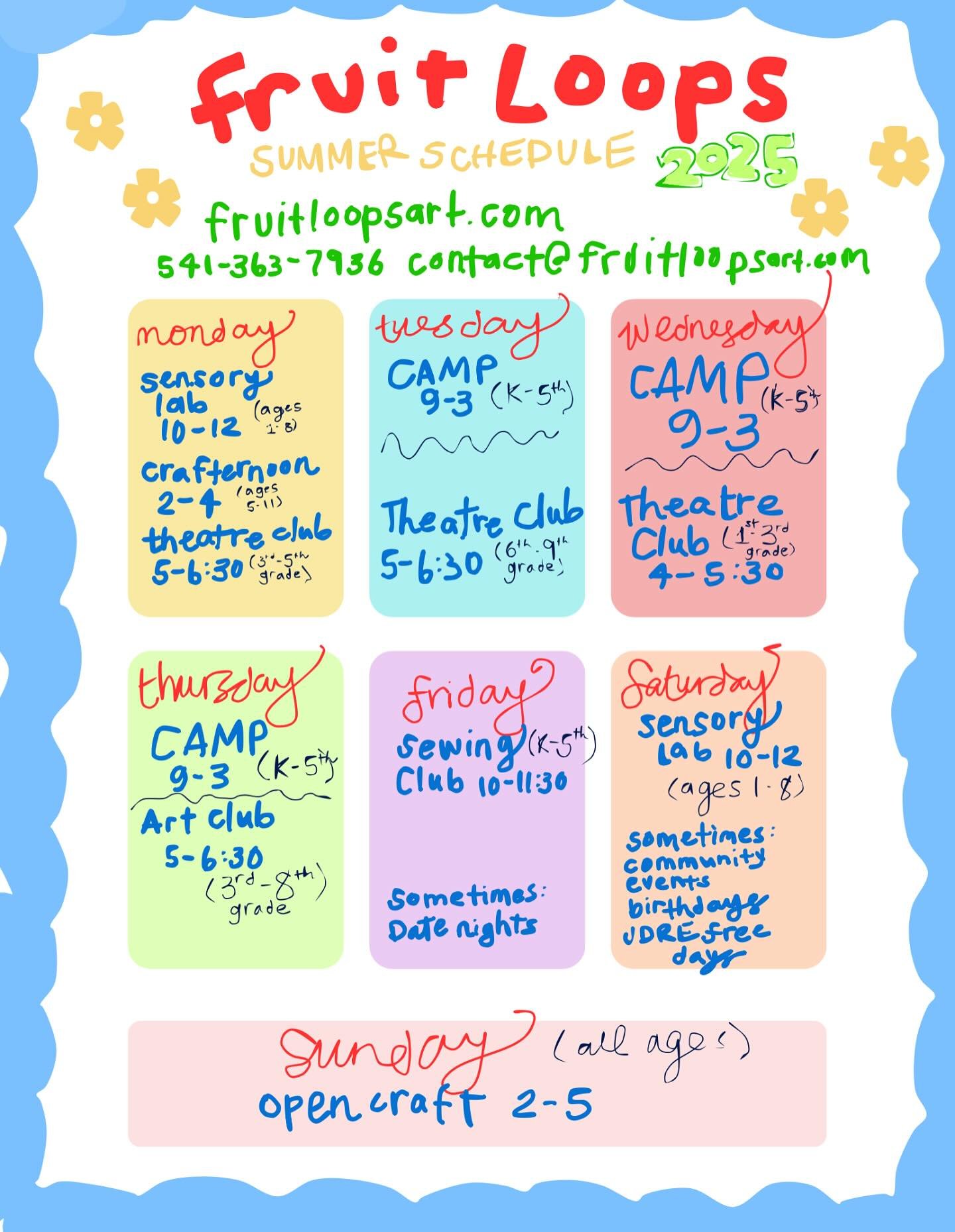 Summer schedule!! We&rsquo;re bringing back open craft Sunday afternoons! We&rsquo;ll have that up soon once we figure out who is working what days 😅 new this summer are more club options and one camp per week. We&rsquo;re excited to see summer visi