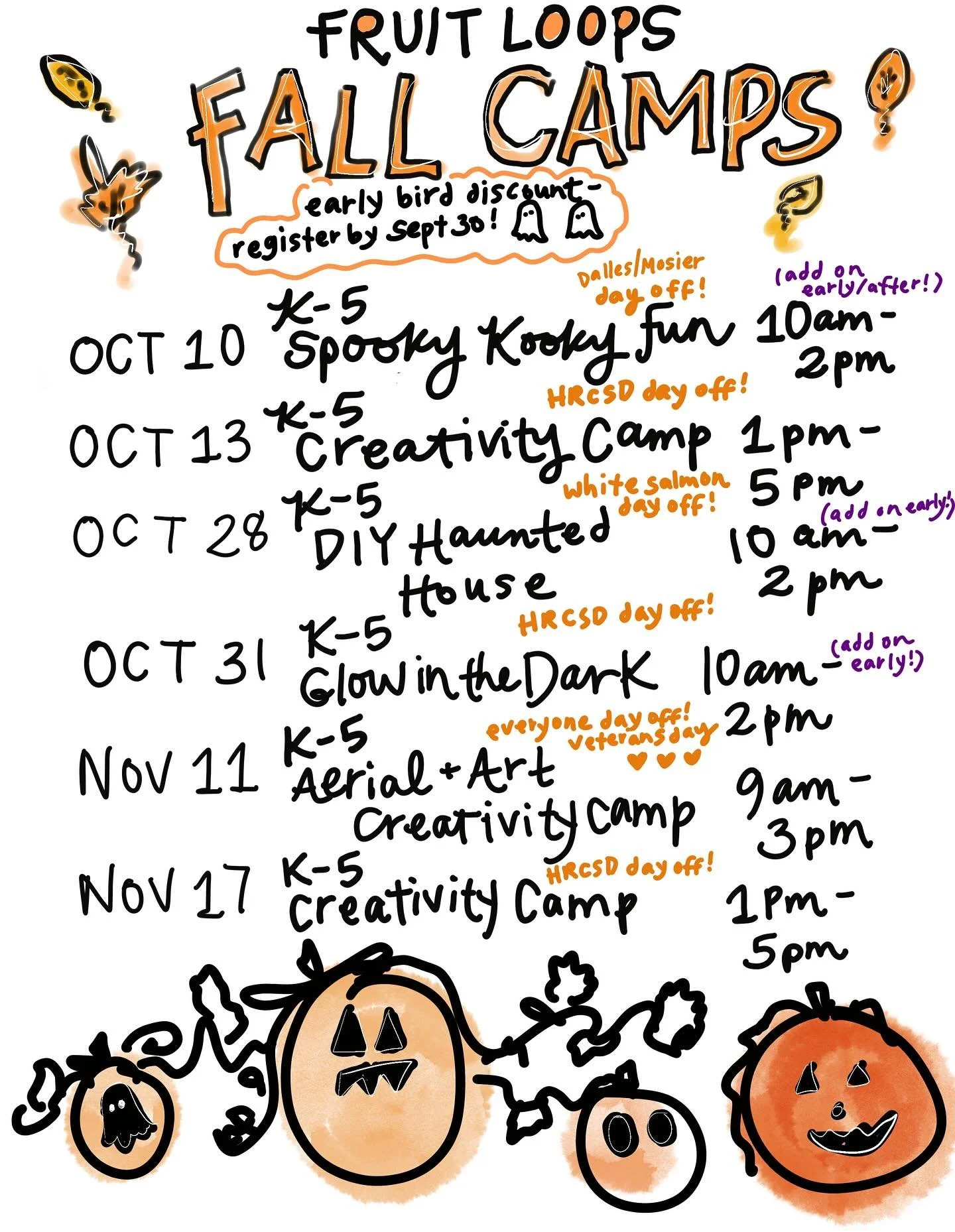Our fall camps are up! 6 camps for 6 days off of school for Hood River, White Salmon and Mosier/The Dalles. If you are a homeschooling family, hit all of them! 🔥🌈 Our Nov 11 camp is a collab with @empowered_movement_aerial 🪩 message with any quest