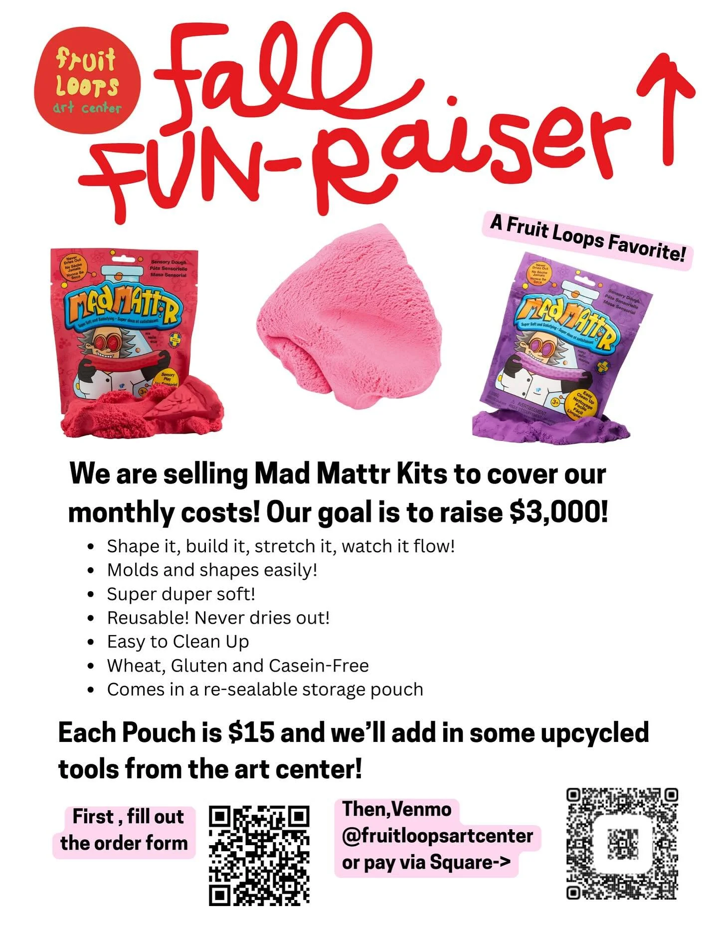 We are selling a Fruit Loops Favorite ❤️🌈 @madmattr_us plus some upcycled tools to play with! We always say Mad Mattr is somewhere in between kinetic sand and playdough. It doesn&rsquo;t dry out. It&rsquo;s so fun to play with. Add kitchen tools, li