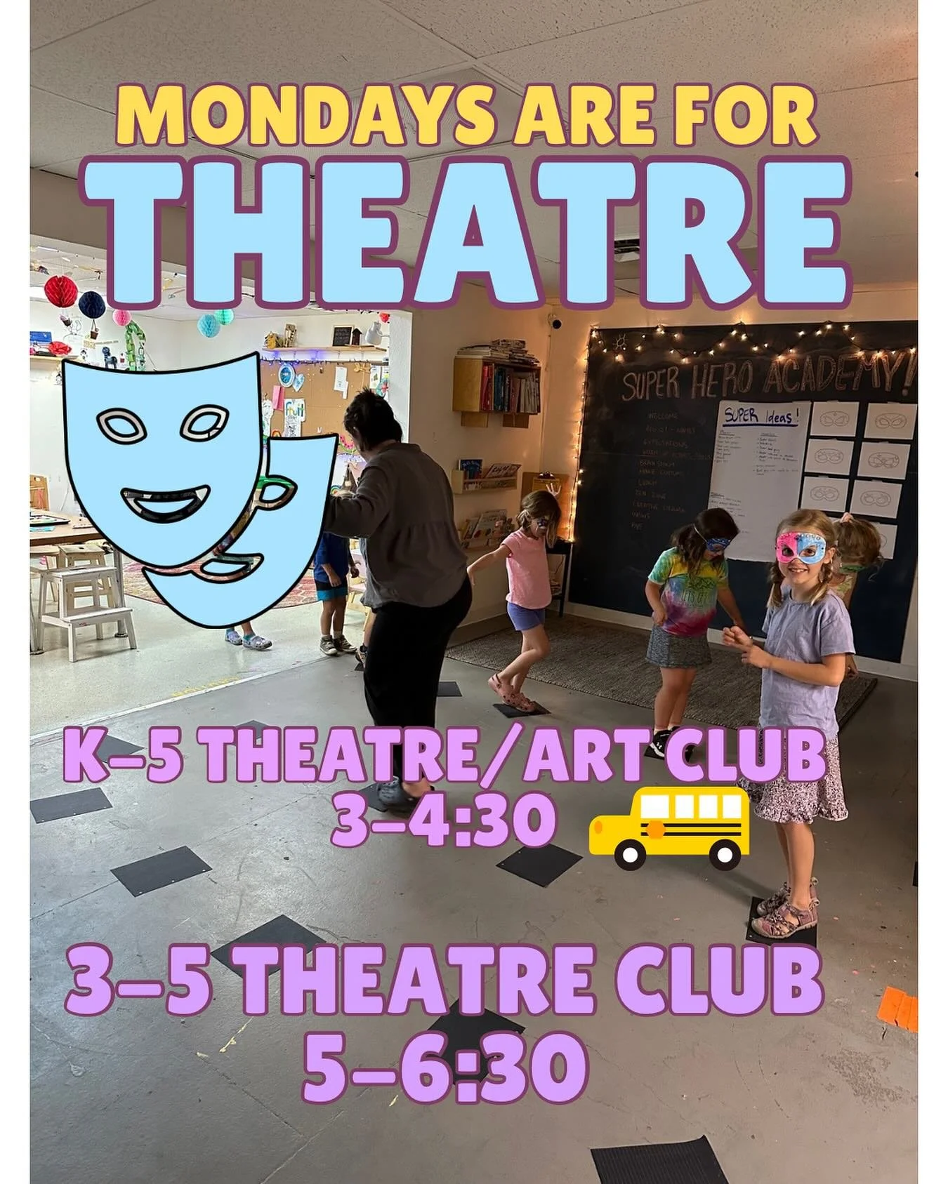 Outside, the darkness has arrived. Inside, the theatre lights are on! ☀️🌞 our afterschool option includes bus pick up from May Street! They spend time doing art and theatre! Our older kid option focuses in on theatre and gets kids ready to join thea