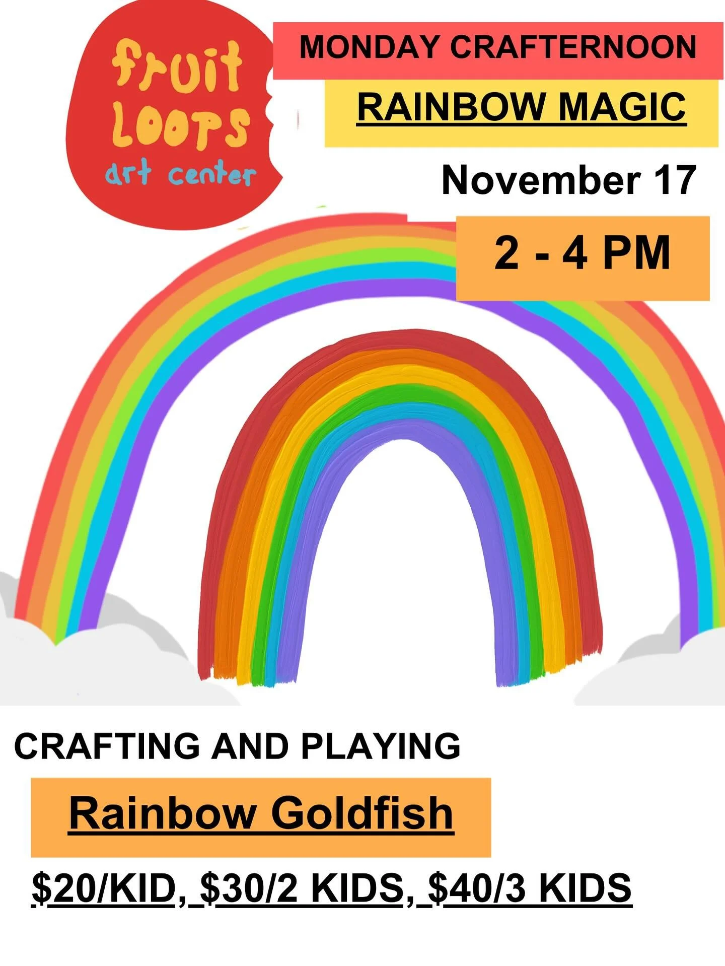 No school Monday for HRCSD, no problem! We&rsquo;re hosting a rainbow themed crafternoon at fruit Loops! We&rsquo;ll be making confetti paper with grated crayons and playing with lots of colorful materials. Always lots of time to craft 🌈