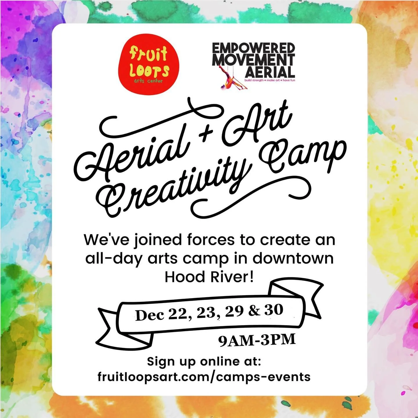 Winter break camp with us and @empowered_movement_aerial ! We are loving the combo of arts and silks creativity! 🌈 register by Dec 7 for early bird pricing! You get a discount if you sign up for all 4 days or you can pay per day. Join us Dec 22,23, 