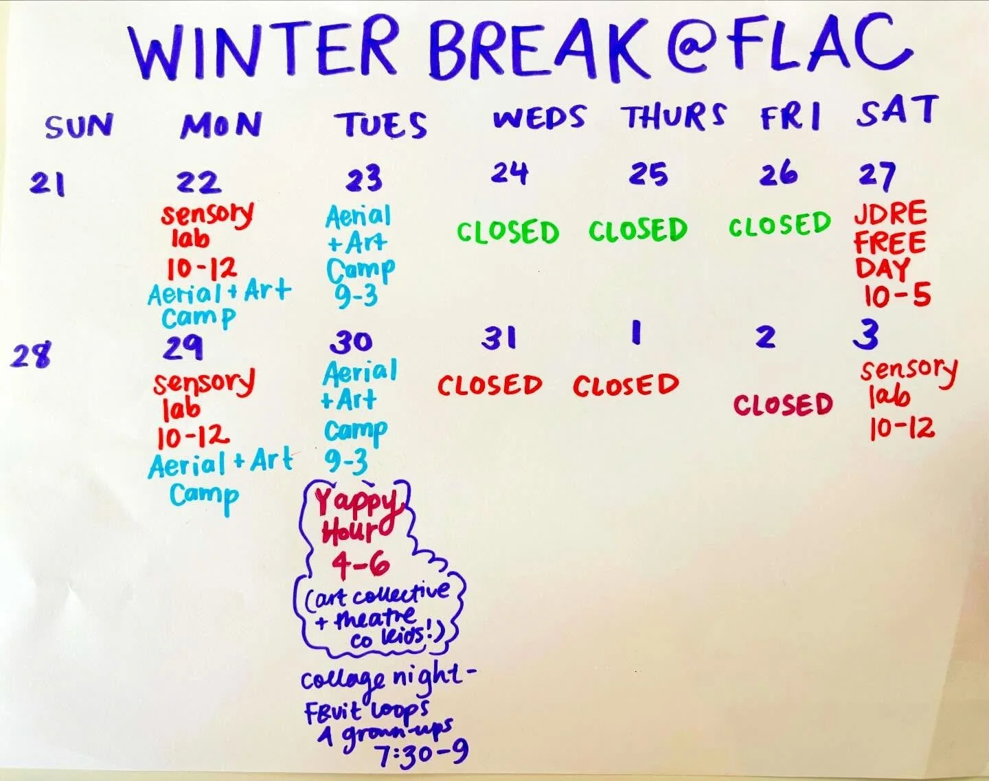 🔔❄️☃️ Winter Break is coming! One week away! Here is our schedule for the two weeks off of school! ❤️❤️Our camps are full (ok one spot on the 29th!), we have 3 sensory labs, 1 @jdreteam at Fruit Loops on Dec 27th, a yappy hour for our AC/TC kids (cu
