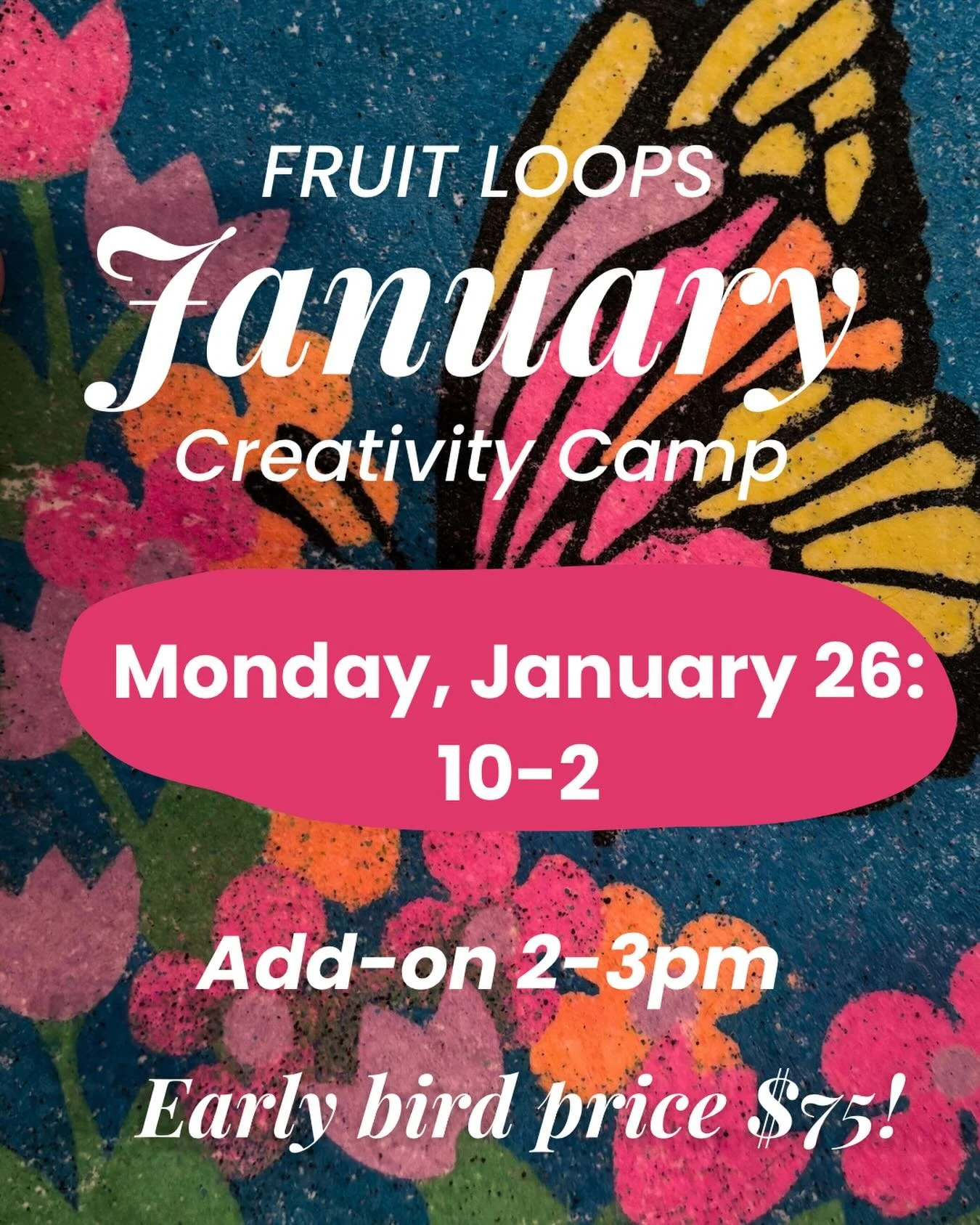 We have one Monday camp coming up! ❤️💕💜💚🩵 we&rsquo;ll be doing process painting and collaging in the morning in Tokki&rsquo;s classroom then crafting and playing at fruit loops in the afternoon. Sign up by Friday for early bird price!