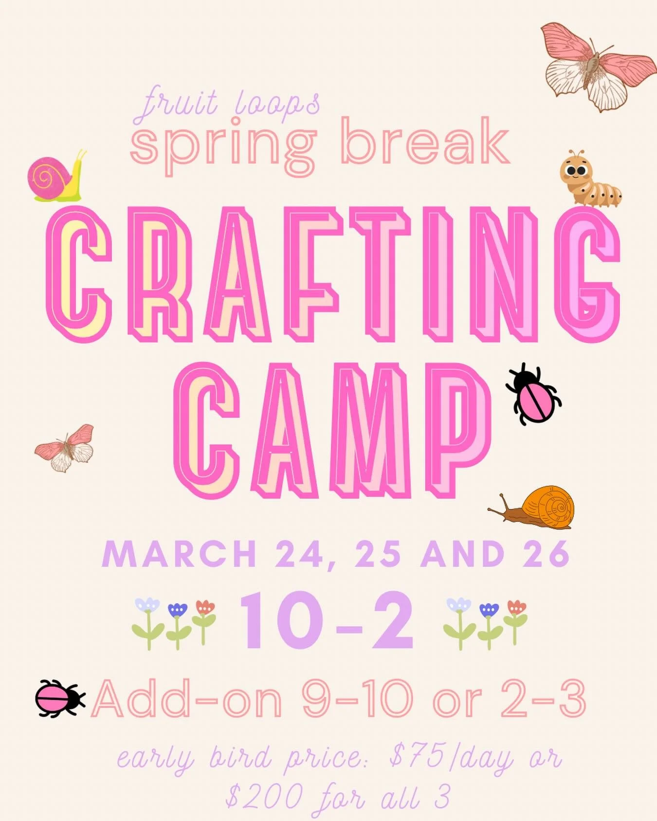 We&rsquo;re so excited for spring! 🌱💕🌈💚 our spring break crafting camp will be full of bugs and flowers and spring-y things. You can register for one day or all 3! You can add on before and after care too 😊 We try to offer a lot of options to he
