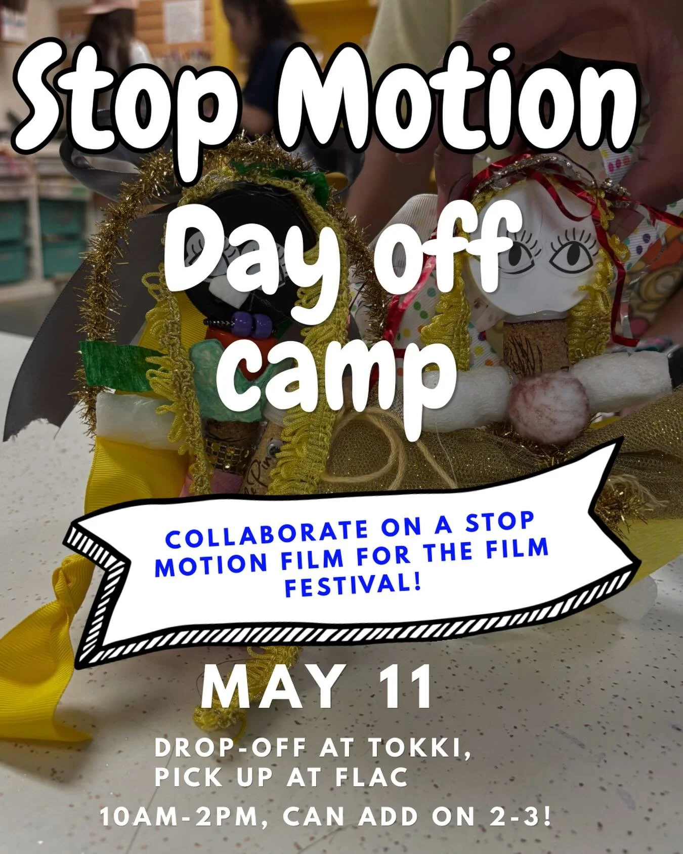 We have one last day off camp for the school year!! We will start the day at Tokki with drawing games, play outside and eat lunch, and finish up with crafting and stop motion at FLAC! We have 8 spots left and would love to have your crafty kid contri