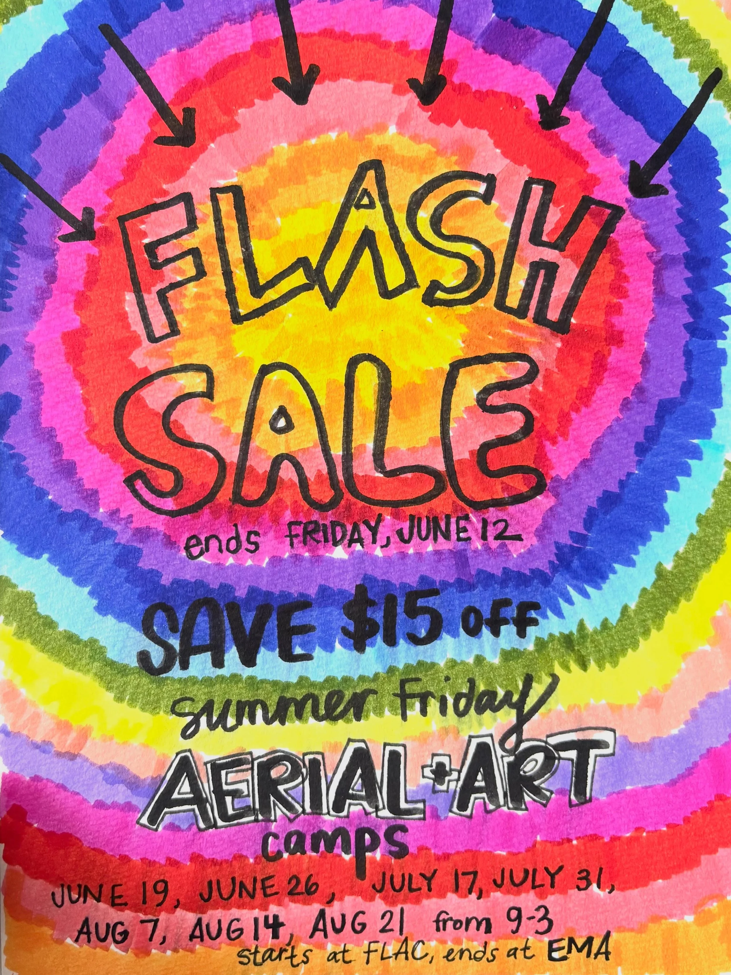 We&rsquo;re doing a flash sale for our SUMMER FRIDAY ART AND AERIAL CAMPS! It&rsquo;s a one day camp experience that gives kids an opportunity to be creative with their minds, hands and full bodies! This is an affordable opportunity to get a camp exp