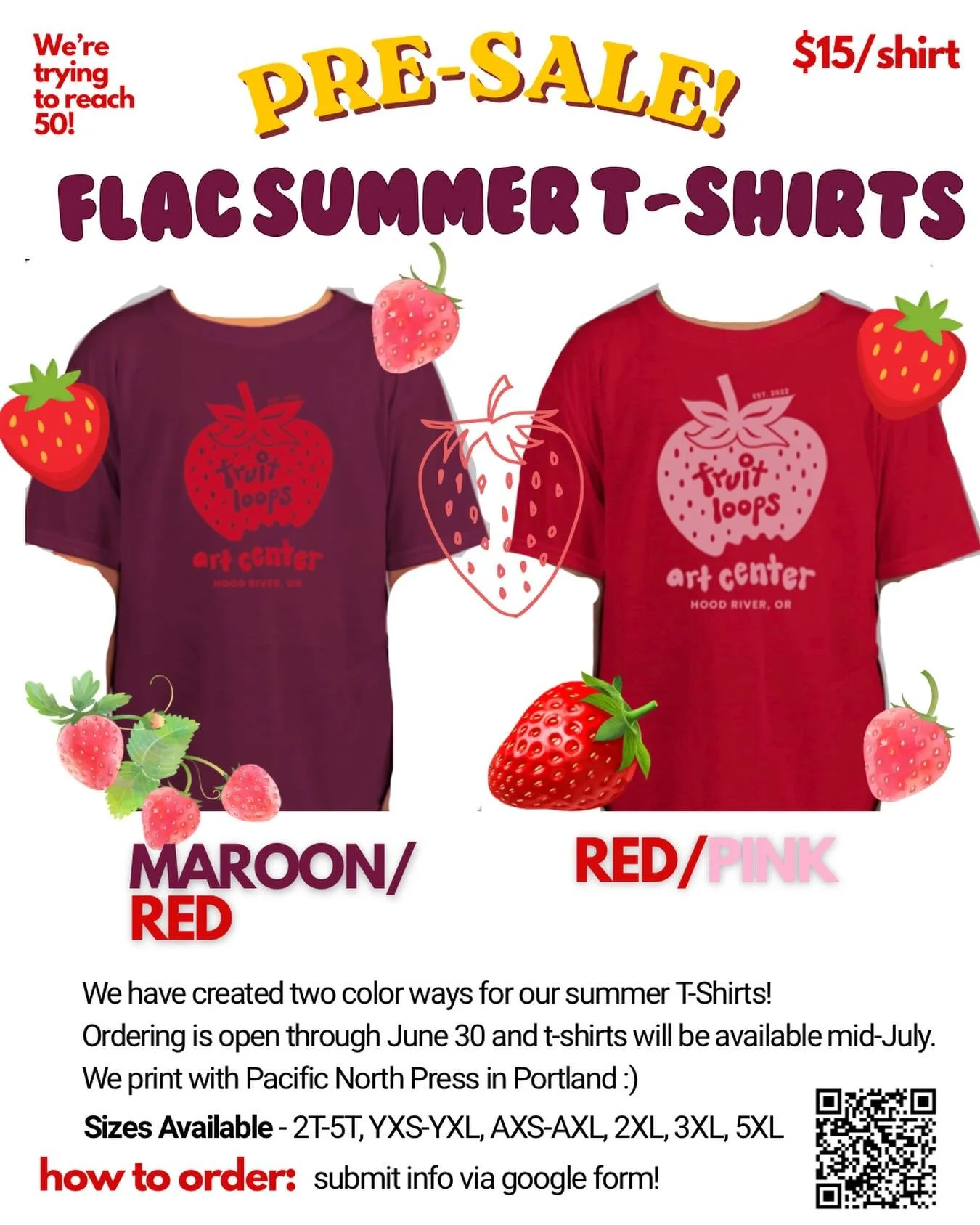 We are taking pre-orders for our summer t-shirts! In order to cut down on waste, we are only ordering what people want :) you can choose maroon with red ink or red with pink ink. You&rsquo;ll submit your info via the google form and send payment via 