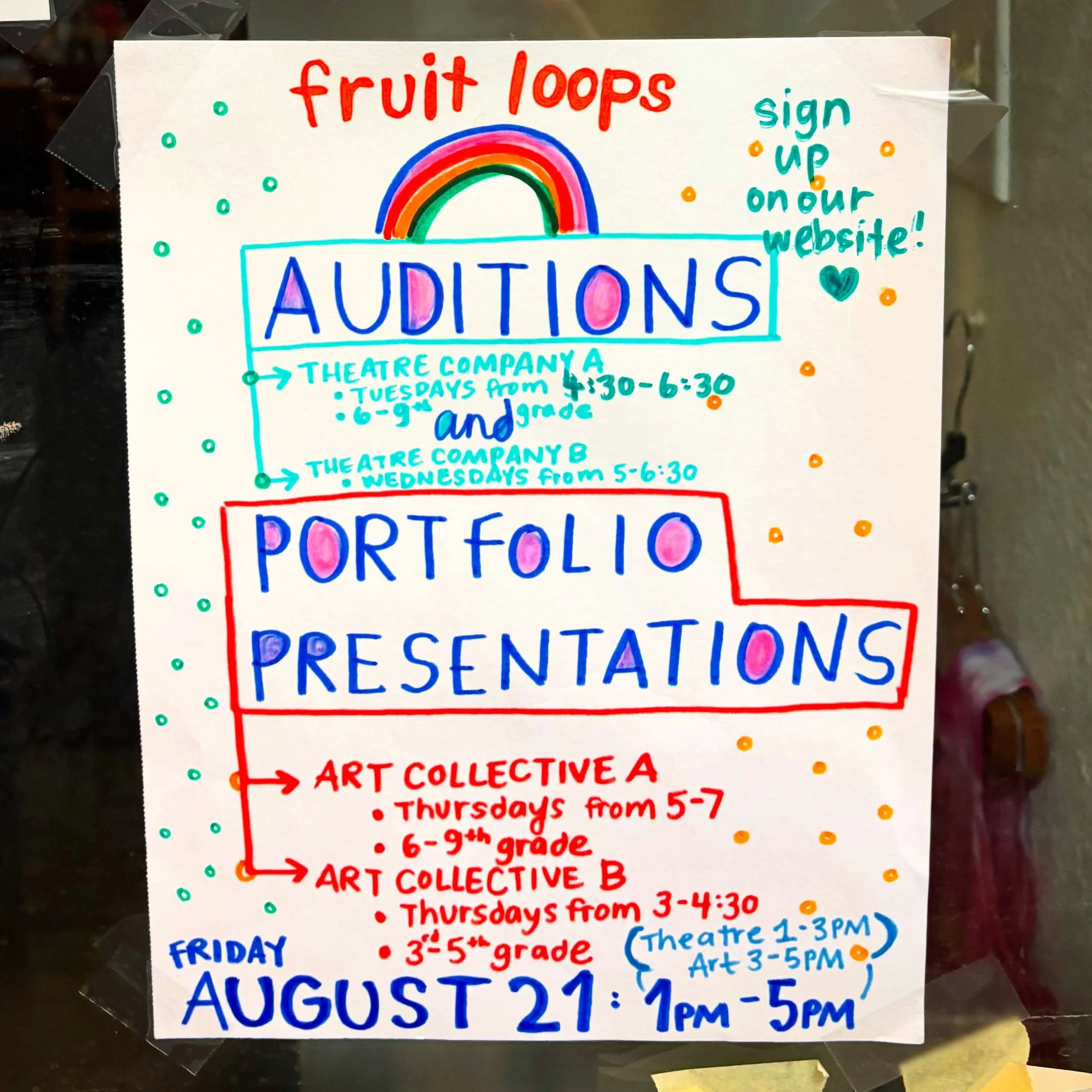 We&rsquo;re about a month away from auditions and portfolio presentations for our upper level programs!! 

Sign up online for an audition slot for theatre company (Aug 21 from 1-3PM) and/or (yes we&rsquo;ve had kids do both!) art collective (Aug 21 f