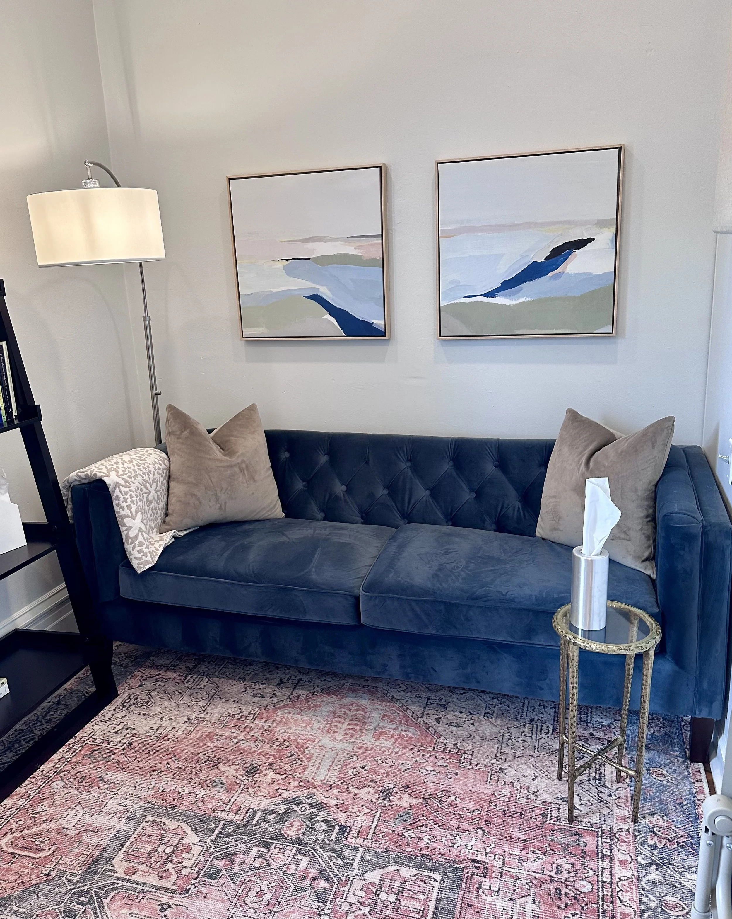 A cozy living room corner with a navy blue tufted sofa, two beige throw pillows, a throw blanket, a brass side table with a tissue box, a tall floor lamp with a white shade, a black bookshelf to the left, two abstract landscape paintings on the wall, and a patterned pink and gray area rug.