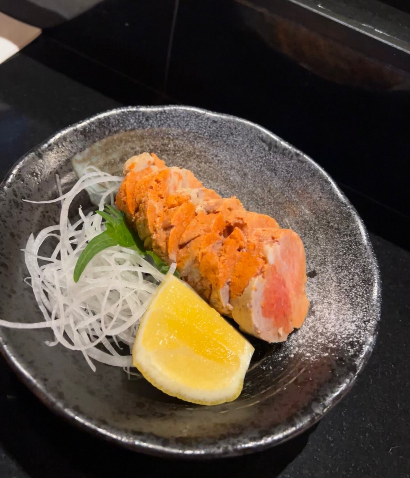 Ankimo - monkfish liver! Widen your tastebuds and give it a try! You will love it :) 
&bull;
&bull;
&bull;
#ankimo #sushi #delicious #deliciousfood #sushilovers #sashimi #sashimilover #sushibar #freshsushi #redgingersushi #woodlandhillsca