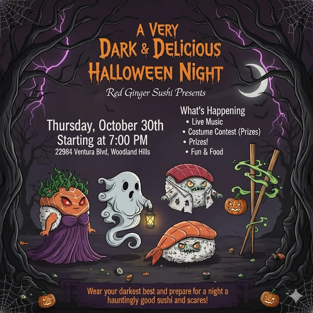 Don&rsquo;t ghost us 👻&hellip; mark your calendar and plan your night at Red Ginger Sushi on Thursday 10/30! A dark &amp; delicious Halloween party you won&rsquo;t want to miss. 🥢🎶