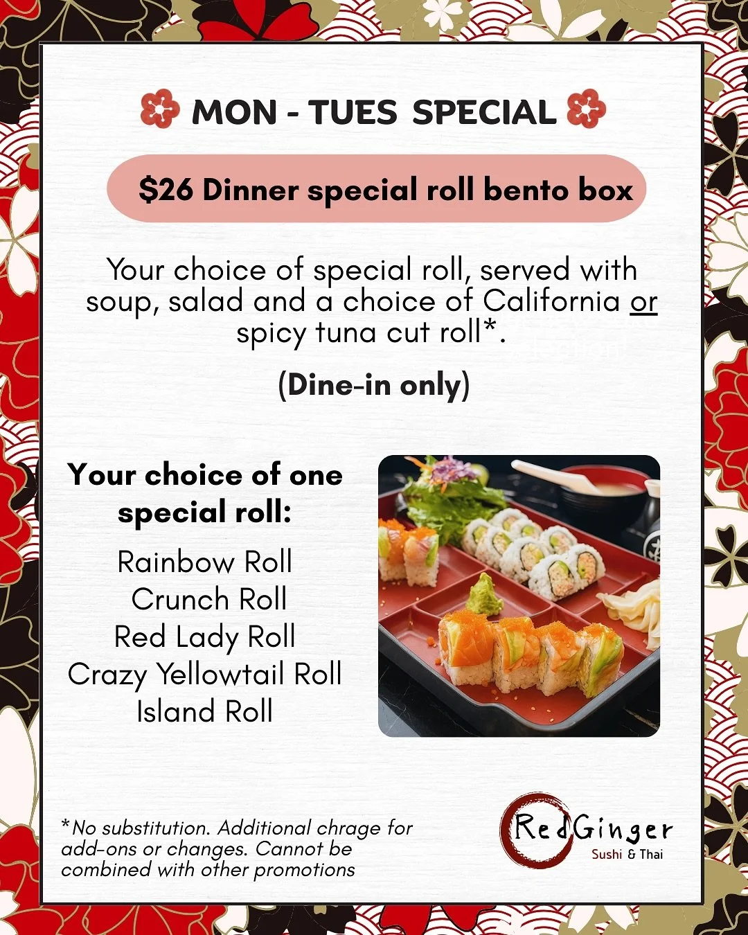 Mondays &amp; Tuesdays never looked so delicious 😍 $26 Special Roll Bento Box. Dine-in only for dinner 🫶🏽🍱 
&bull;
&bull;
&bull;
#salmonsushi #tunasushi #sushi #delicious #deliciousfood #sushilovers #sashimi #sashimilover #sushibar #freshsushi #r