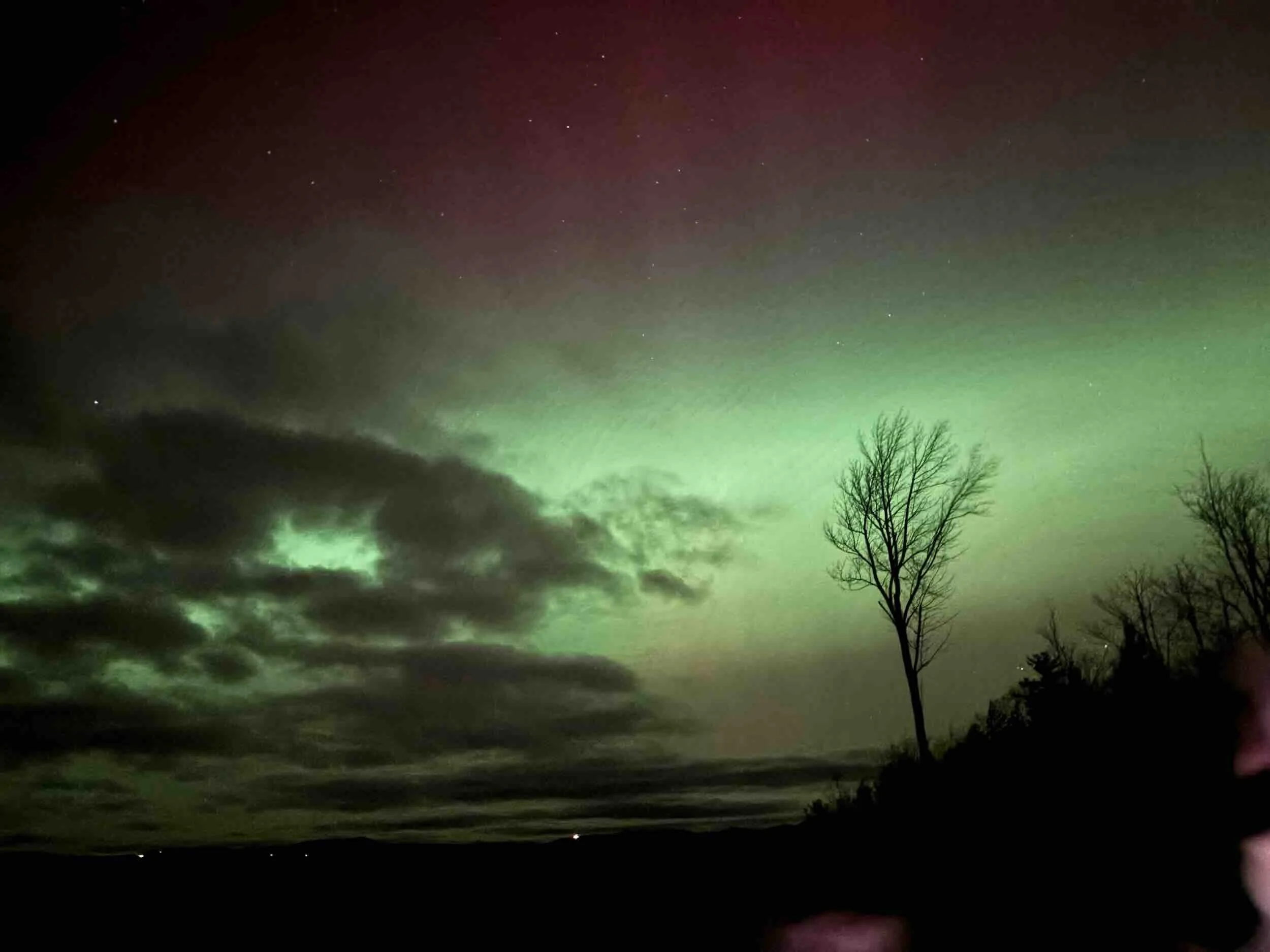 A winter sky with aurora borealis colors in green