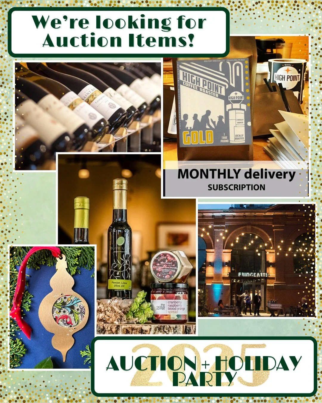 We're 2 months away from our Auction + Holiday Party and we're looking for auction items! Gift cards, tickets, art and more... there are so many things we are looking for!

You can donate items to our auction via our online form at http://fundraiser.