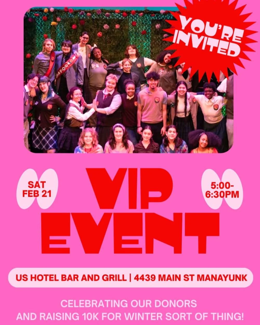 If you happen to find yourself on Main Street in Manayunk next Saturday night Feb. 21st at 5pm, we invite you to join us at @ushotelbarandgrill!

Together with some of Yes! And...'s biggest supporters, you can learn more about Yes! And... and the imp
