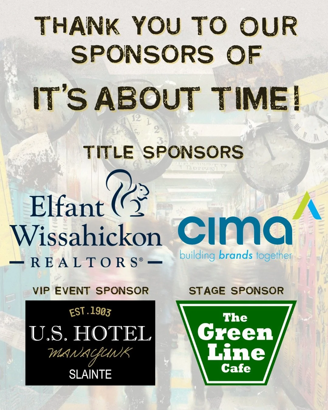 Our production of "It's About Time!" would not be possible without the support of our sponsors and supporters!

Join us in thanking our Title Sponsors @ewrhomes and @cimanetworkinc, our VIP Event Sponsor @ushotelbarandgrill, our Stage Spons