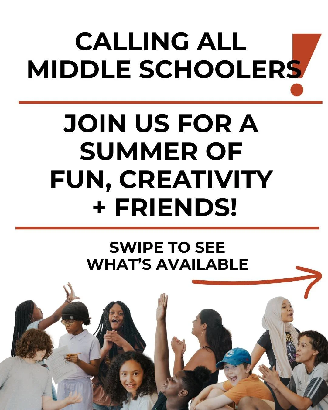 Do you know a middle schooler that needs something to do this summer? Well send them our way! 

We have lots of options still available for this summer! From Theatre Camp to Musical Theatre Performance, to Puppets, Zines + More - There's so much happ
