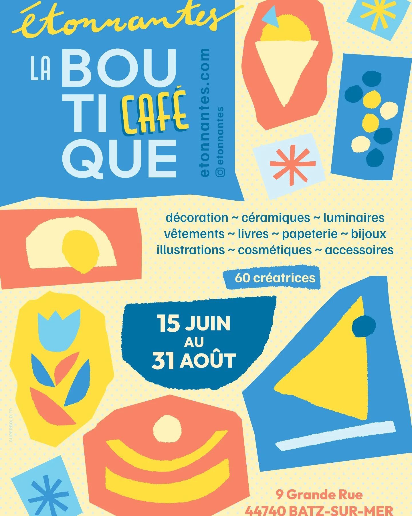 🩵Bonheur Oc&eacute;an 🌊

J'ai l'immense joie de pouvoir vous proposer mes cr&eacute;ations au bord de l'oc&eacute;an une nouvelle fois: je ferai partie de la s&eacute;lection &agrave; la boutique @etonnantes pour cette saison &agrave; Batz-sur-mer 