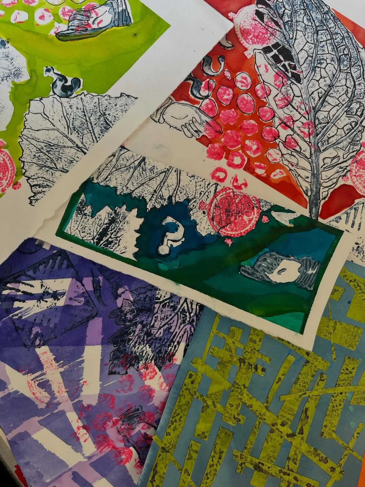 Experimenting with different types of block printing on the first five weeks of our 10 week# printing course. Great layering, great colours