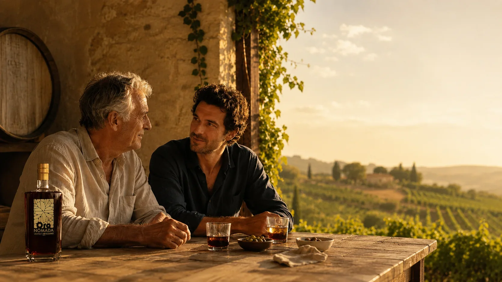 Dos hombres sentados en una mesa de madera al atardecer, conversando, con vino y aceitunas, en un entorno rural con viñedos y colinas al fondo.