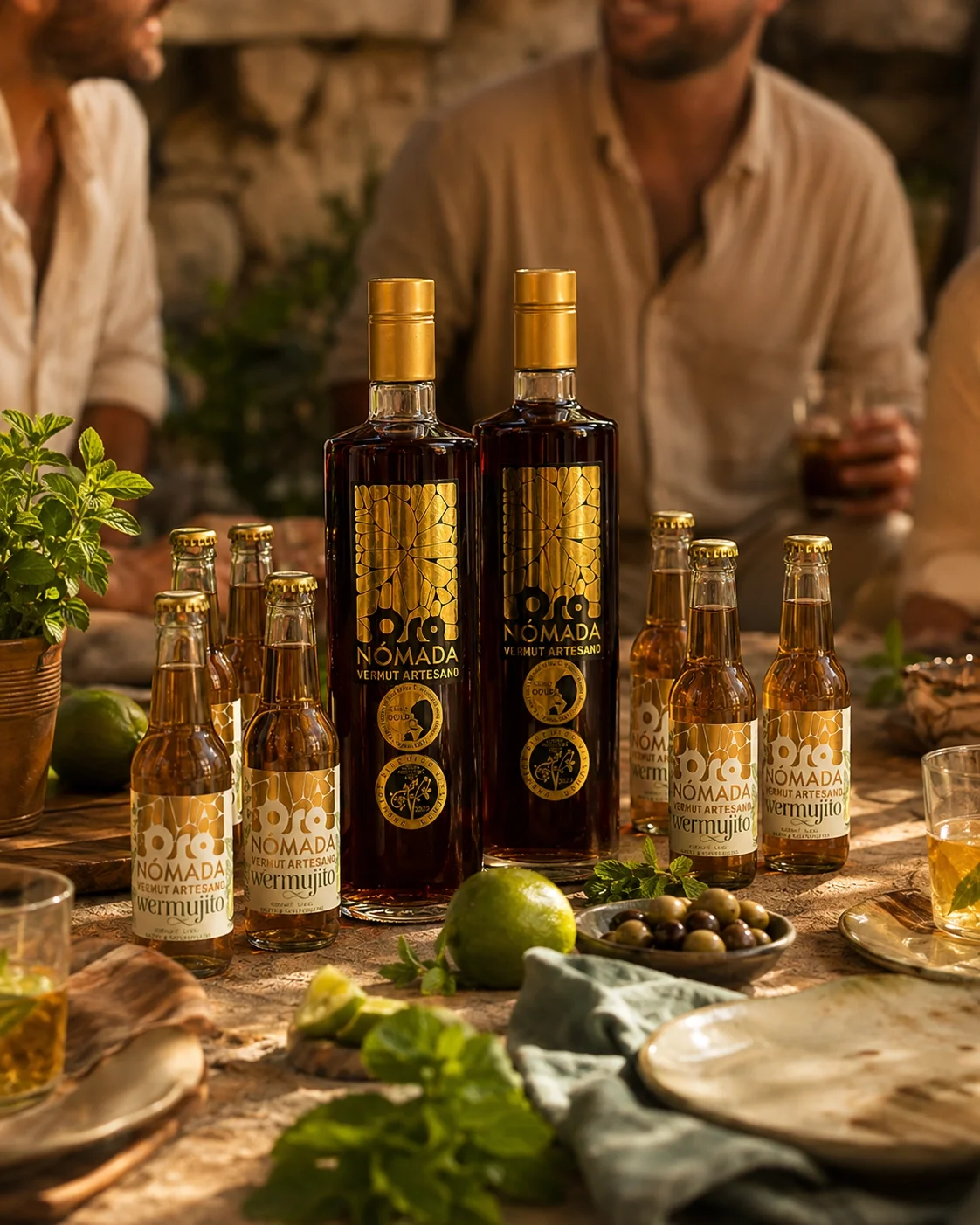 Botellas de vermut artesanal Oro Nómada Vermut Artesano y vasos en una mesa, acompañados de limones, aceitunas, hierbas y platos, con gente charlando en el fondo.