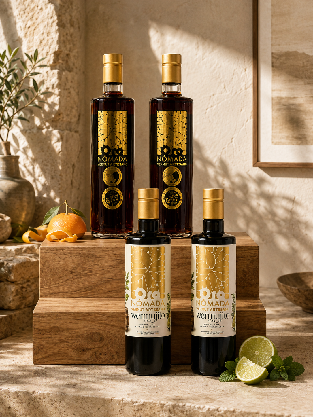 La Colección Oro Nómada con cuatro botellas de vermut en expositor de madera Imagen con mano cogiendo una botella
