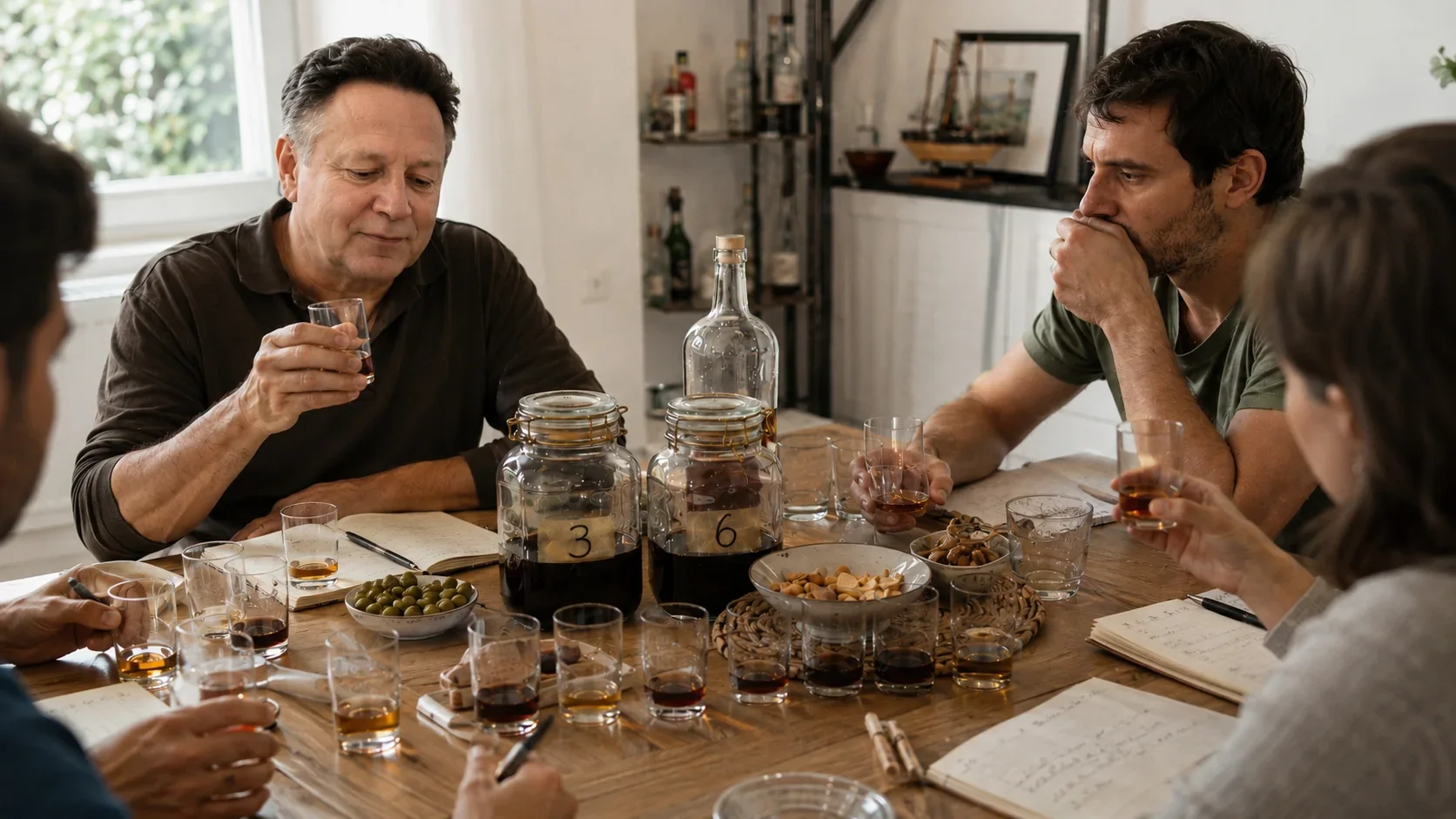 Grupo de personas en una mesa degustando diferentes tipos de licor, con notas y frascos de vermut oro nomada con etiquetas numeradas.
