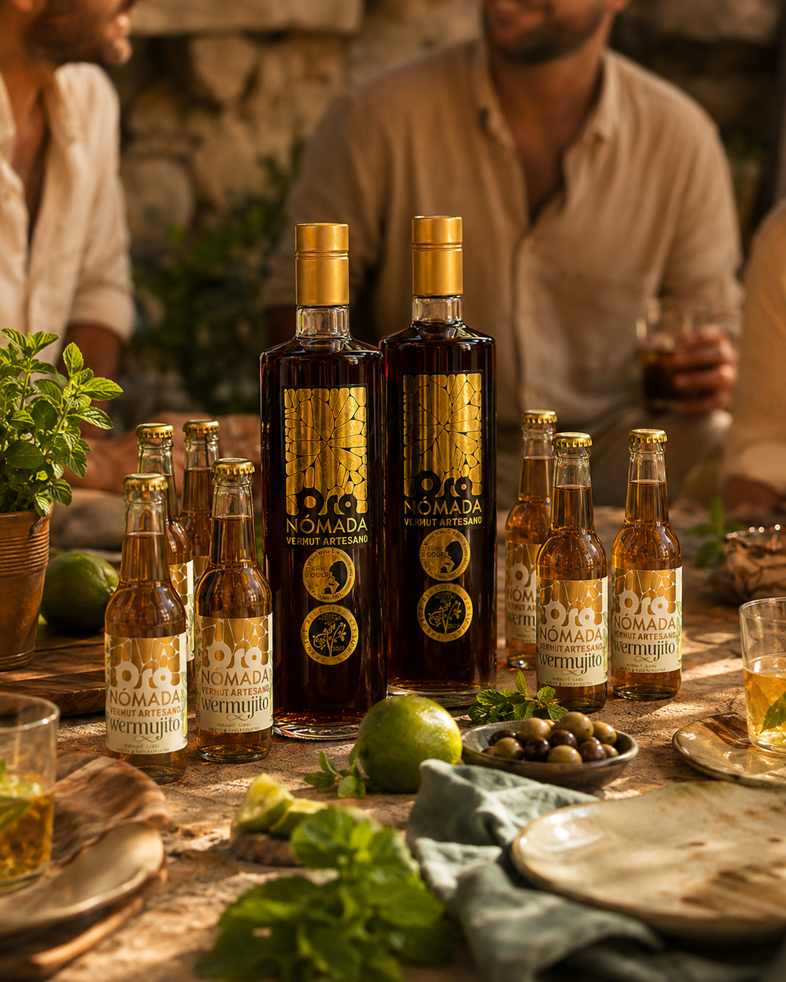 Botellas de vermut artesanal Oro Nómada Vermut Artesano y vasos en una mesa, acompañados de limones, aceitunas, hierbas y platos, con gente charlando en el fondo.
