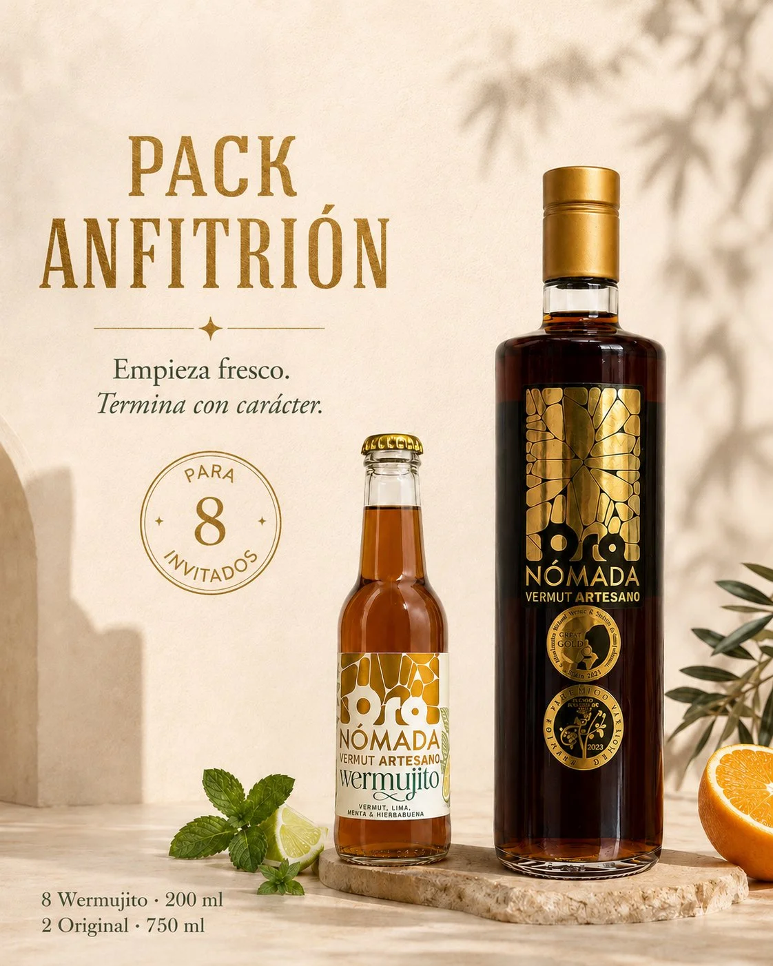 Contenido del Pack Anfitrión con ocho Wermujito 200 ml y dos Original 750 ml