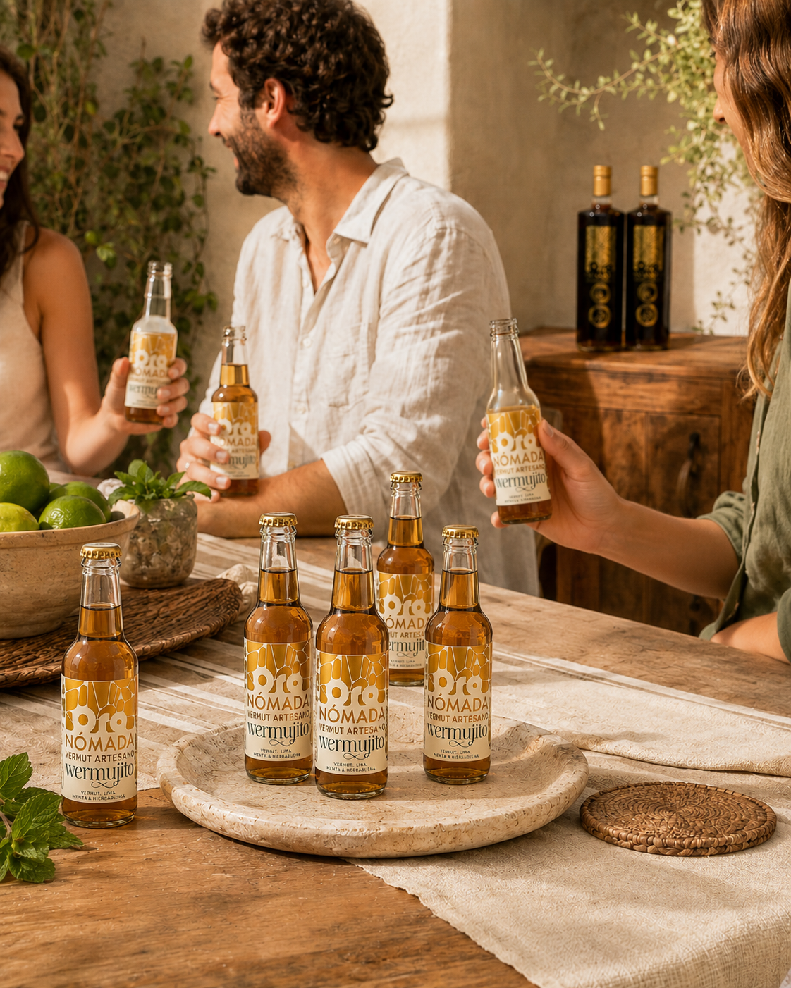Amigos disfrutando botellines de Wermujito bien fríos durante un aperitivo