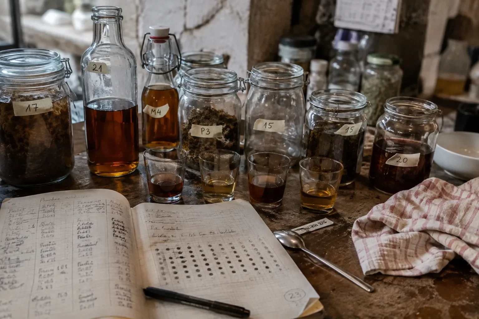 Vasos y frascos de vidrio con líquidos y hierbas, una libreta con notas y muestras, en un ambiente de laboratorio o taller de destilación herbal.