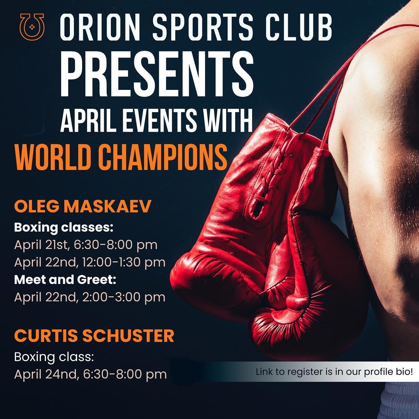 This April we have the opportunity to showcase a couple of well-known and interesting boxing personalities. Orion Sports Club is pleased to present the three following events:

🥊 Two 90-minute Boxing Classes with Oleg Maskaev:
⏱️ Friday, April 21st,