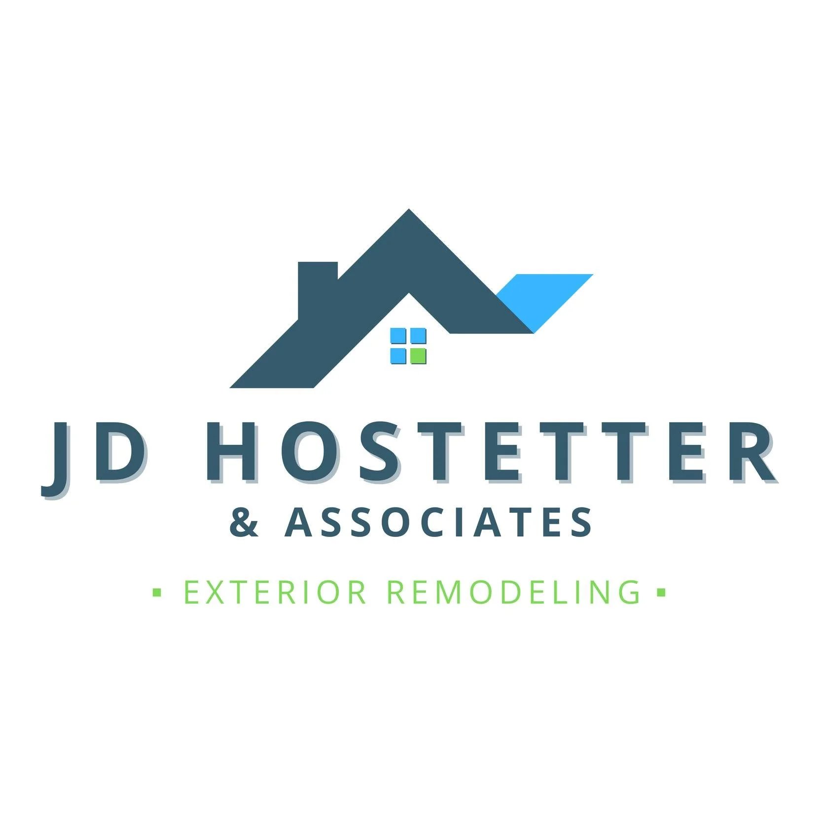 Logo for JD Hostetter & Associates featuring a house with dark blue roof and a small window, with text indicating exterior remodeling services.
